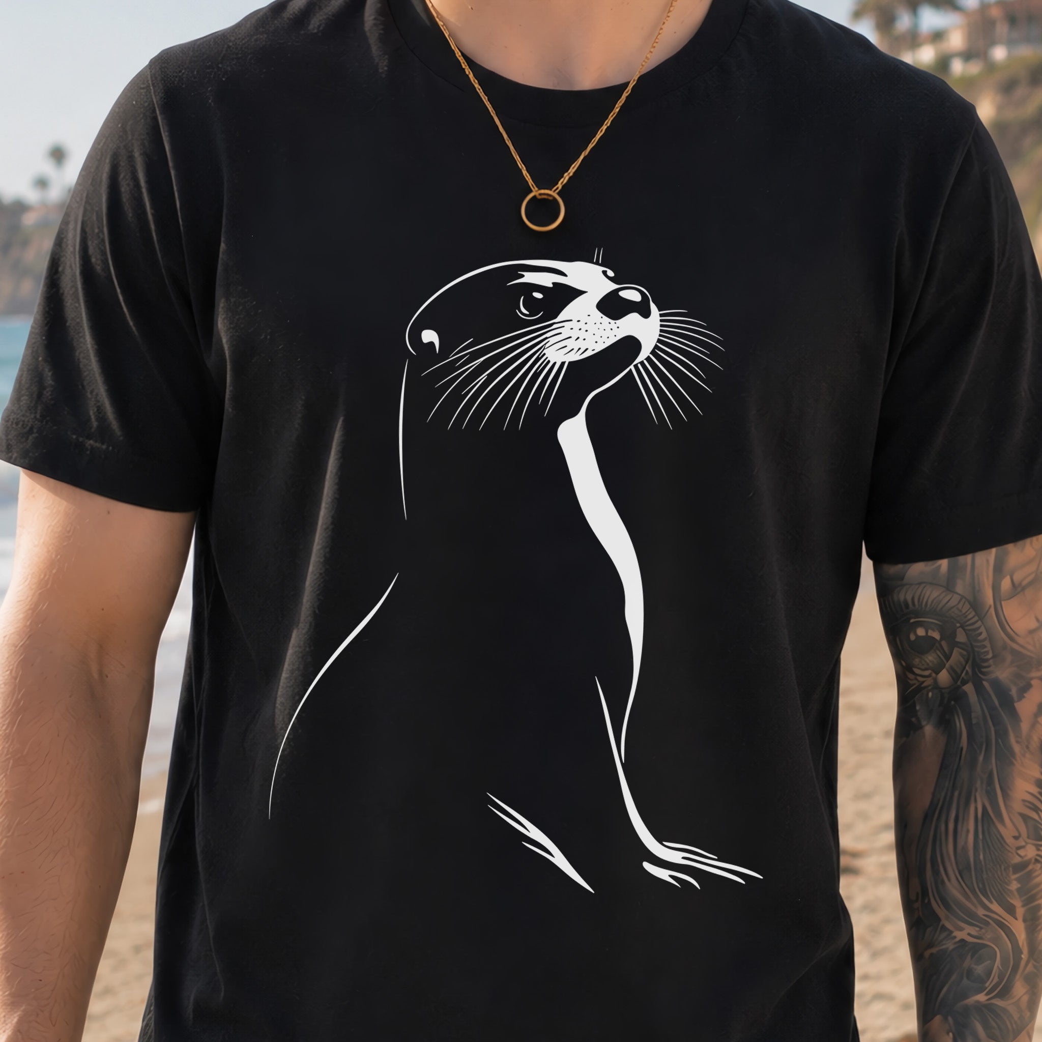 Playful Spirit: White Sketch Otter T-Shirt