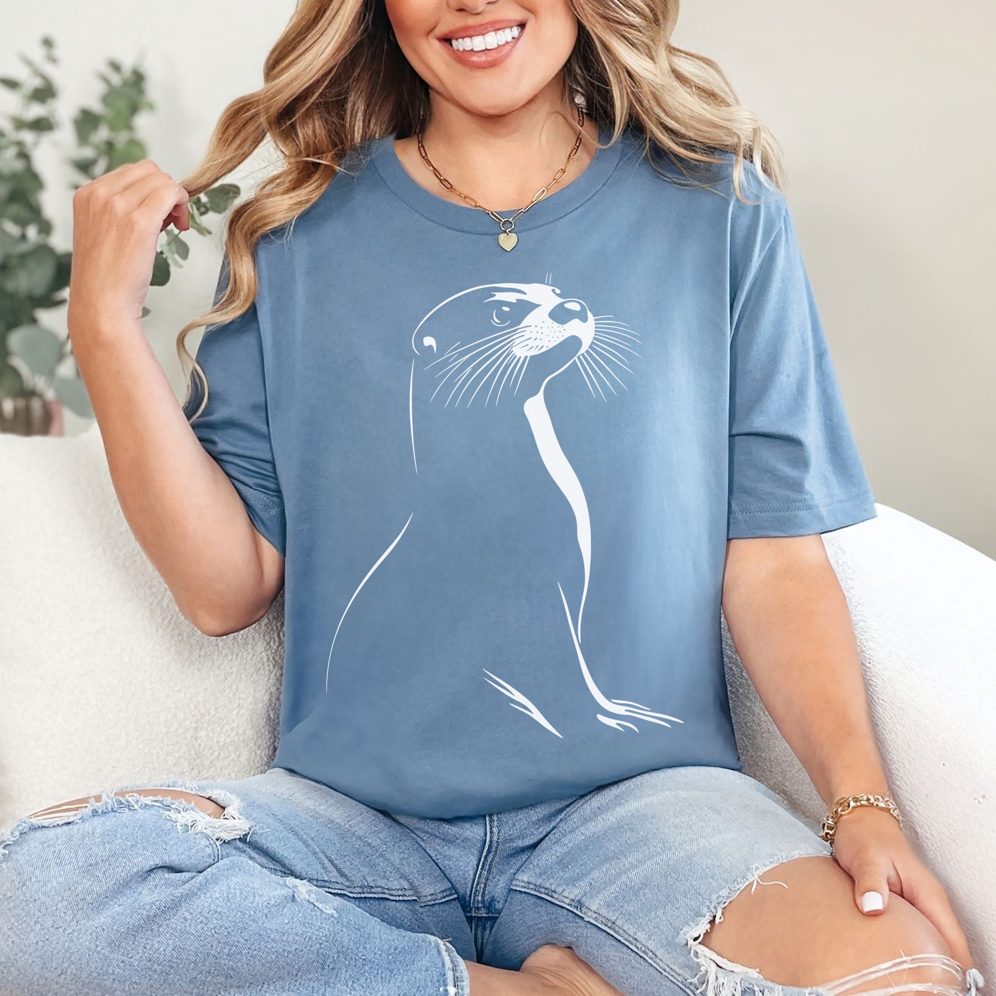 Playful Spirit: White Sketch Otter T-Shirt