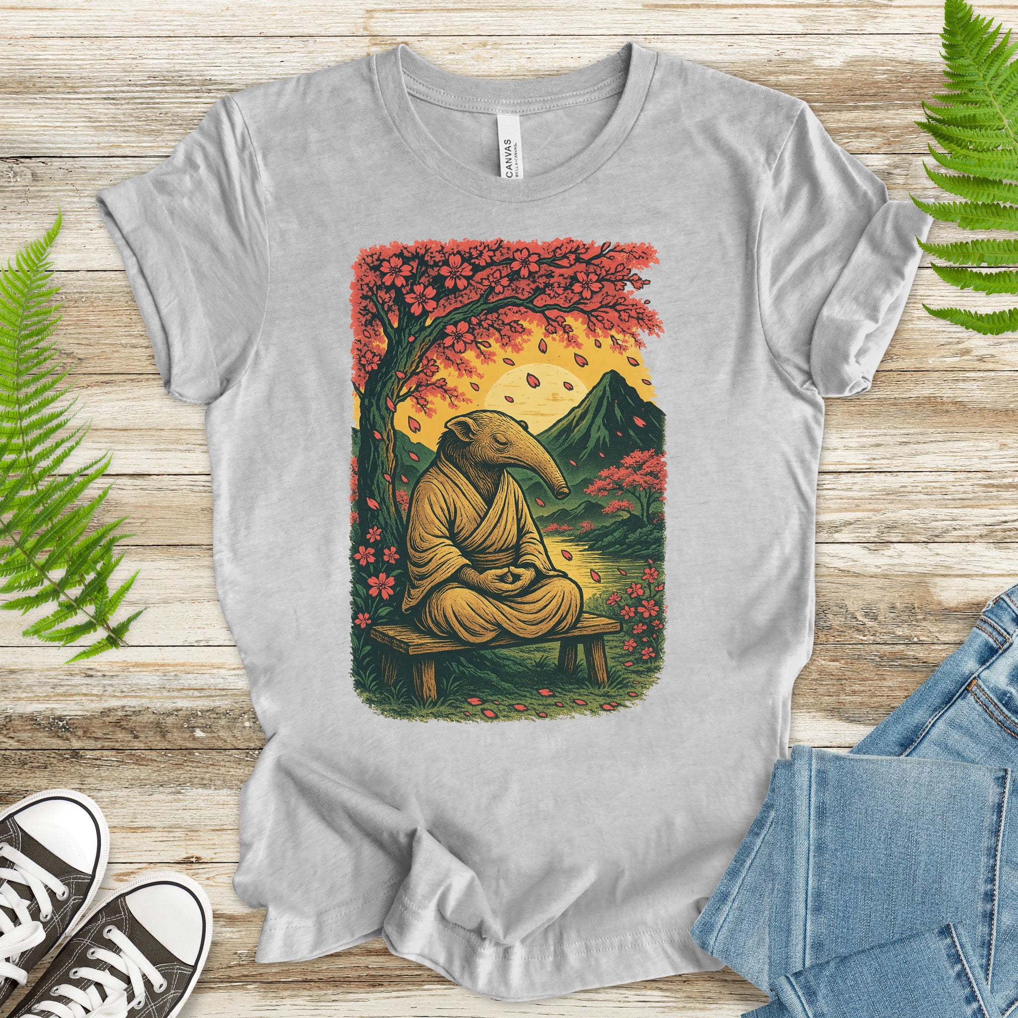 Zen Anteater T-Shirt – Meditating Animal & Cherry Blossom Tee