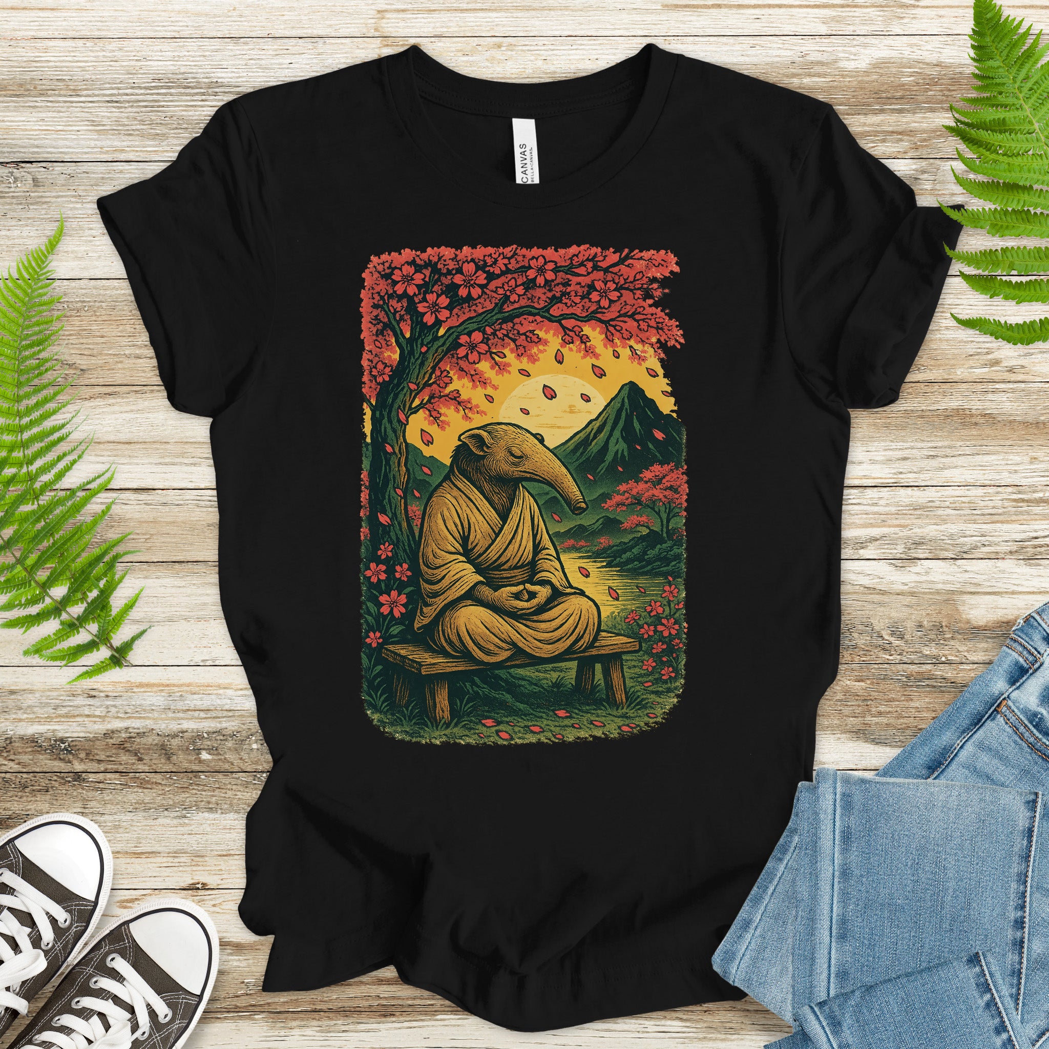 Zen Anteater T-Shirt – Meditating Animal & Cherry Blossom Tee