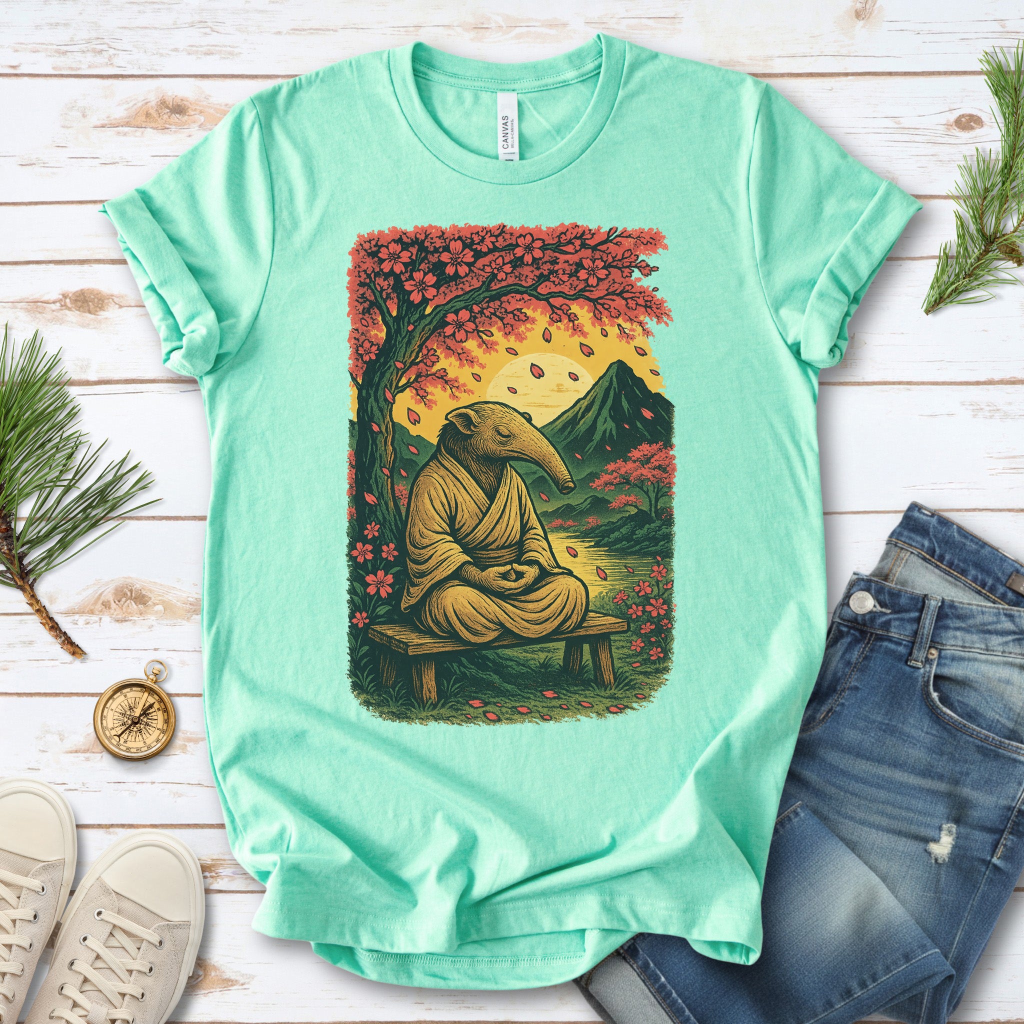 Zen Anteater T-Shirt – Meditating Animal & Cherry Blossom Tee