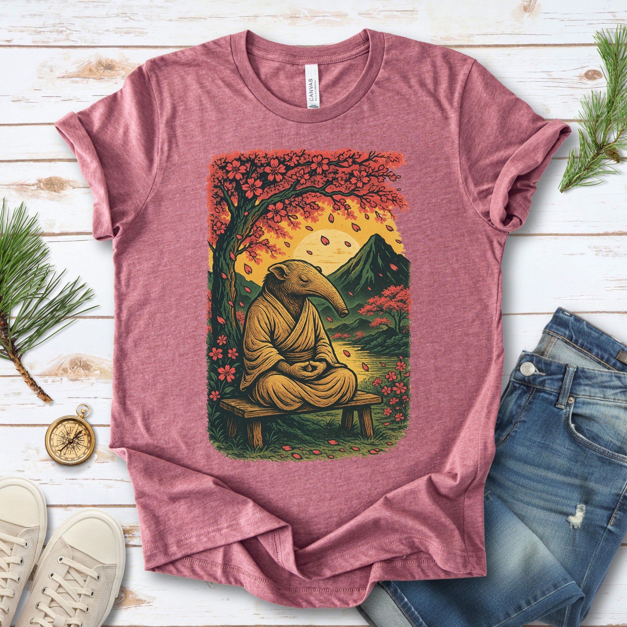 Zen Anteater T-Shirt – Meditating Animal & Cherry Blossom Tee