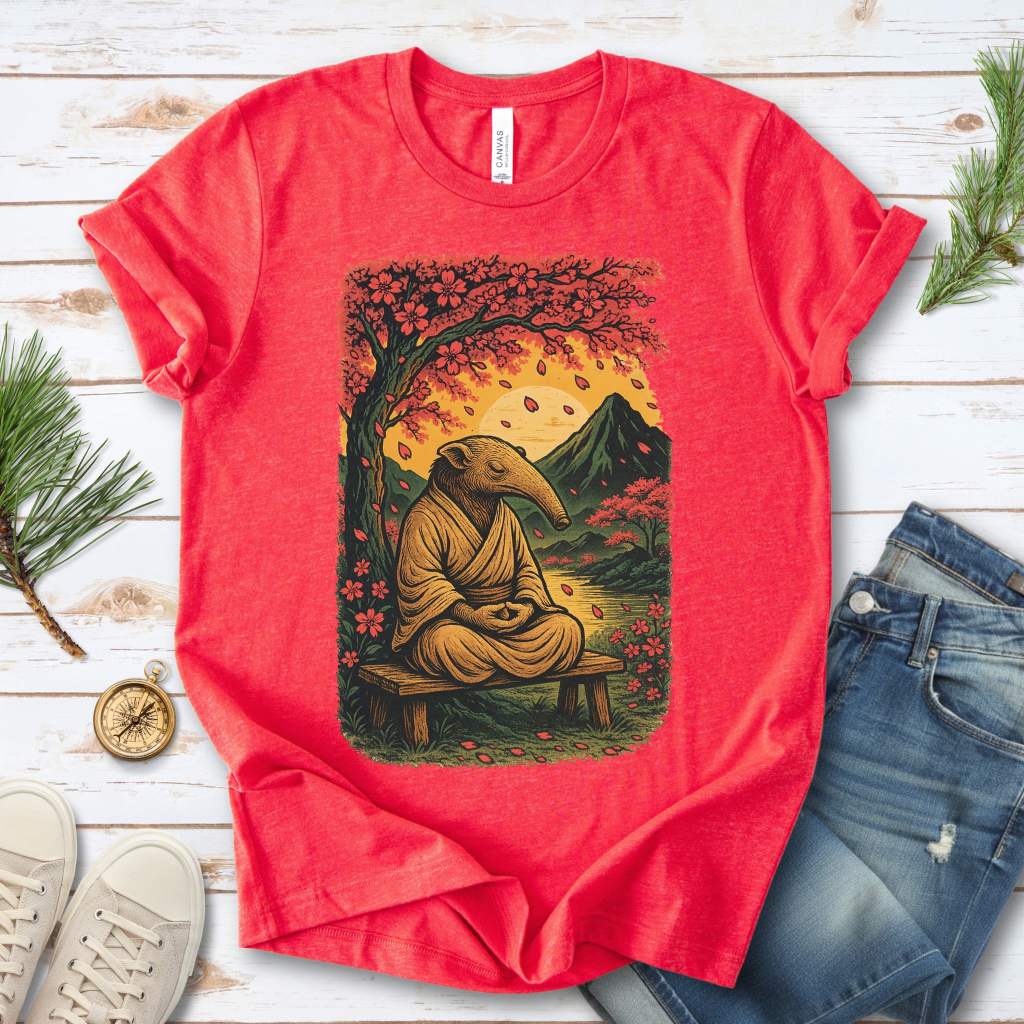 Zen Anteater T-Shirt – Meditating Animal & Cherry Blossom Tee