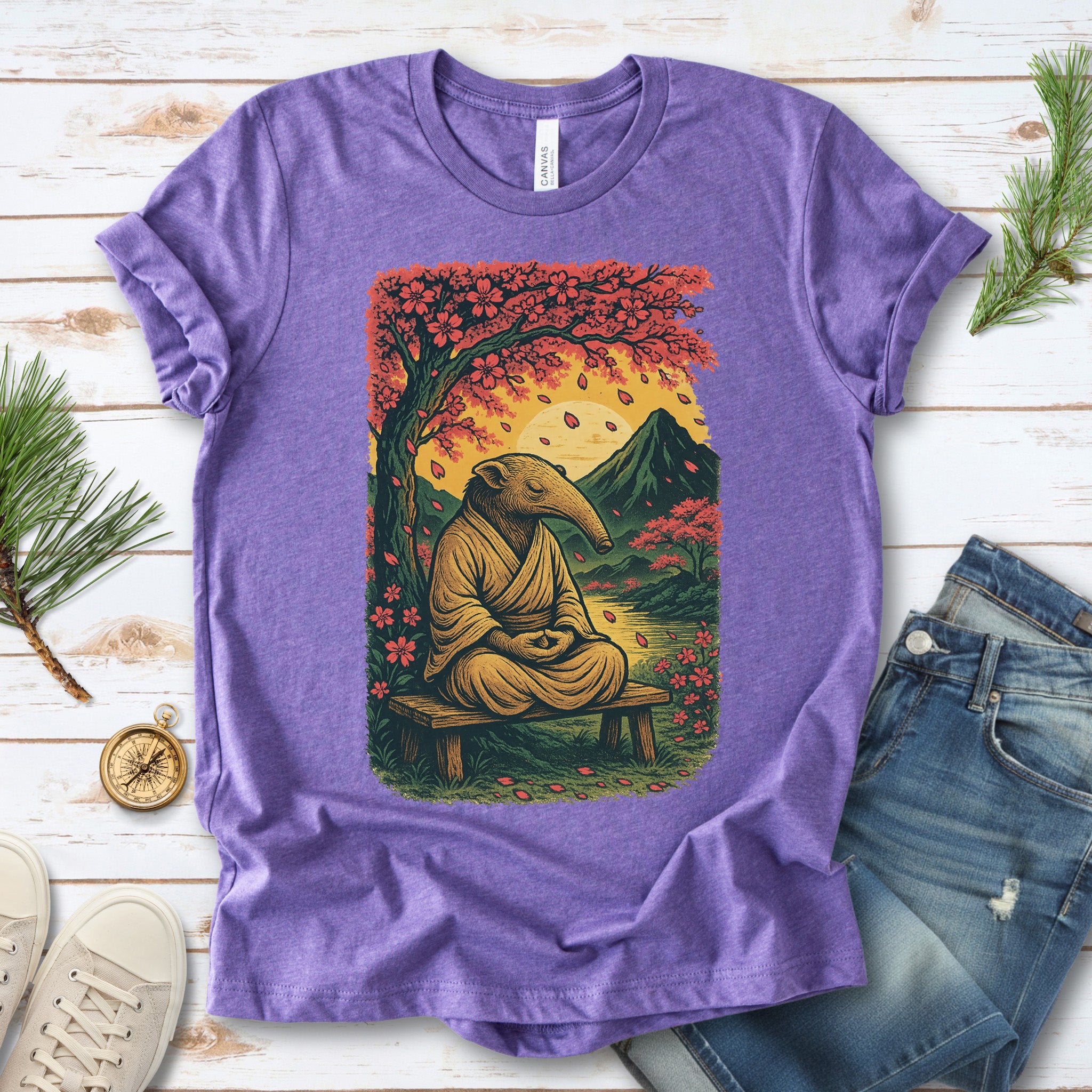 Zen Anteater T-Shirt – Meditating Animal & Cherry Blossom Tee