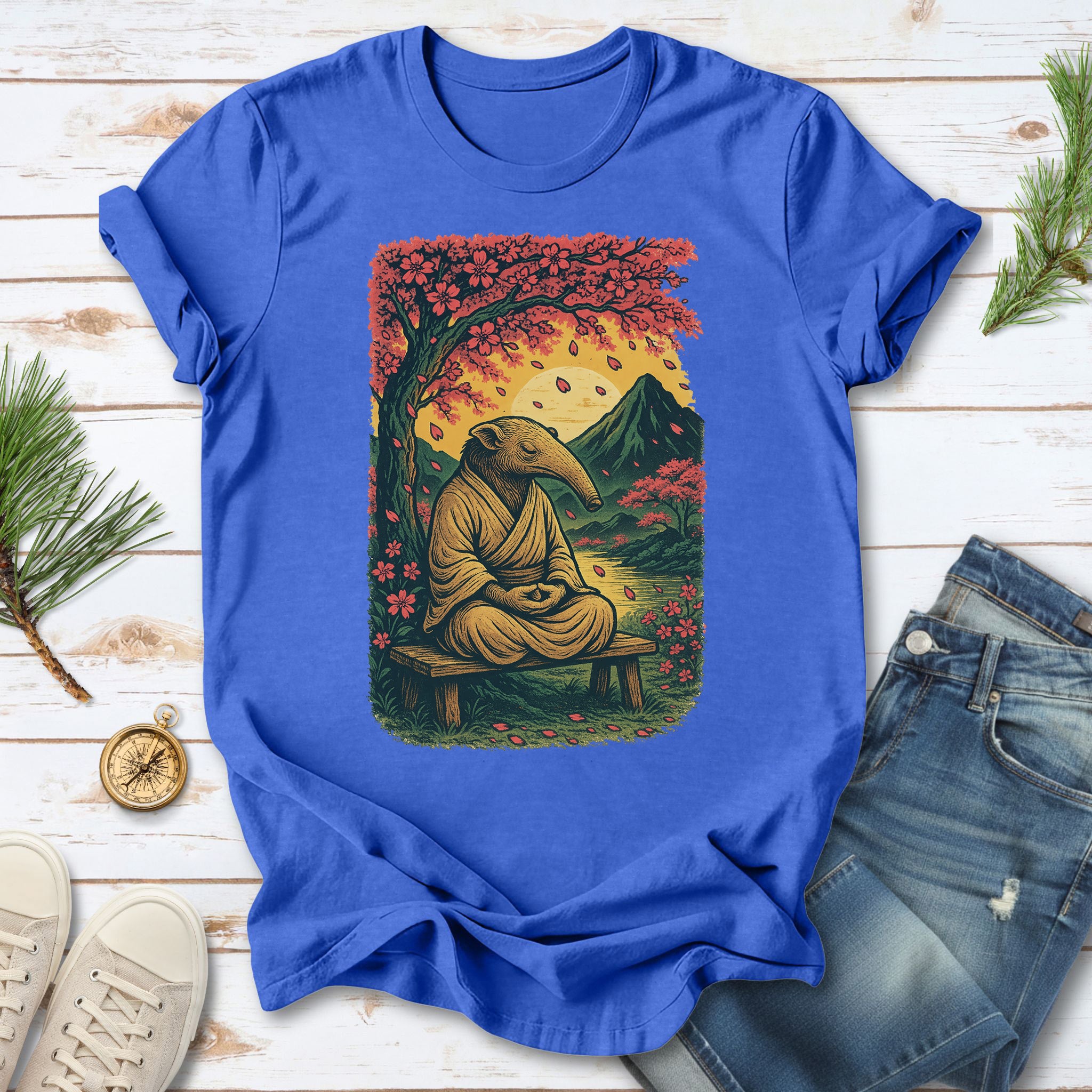 Zen Anteater T-Shirt – Meditating Animal & Cherry Blossom Tee