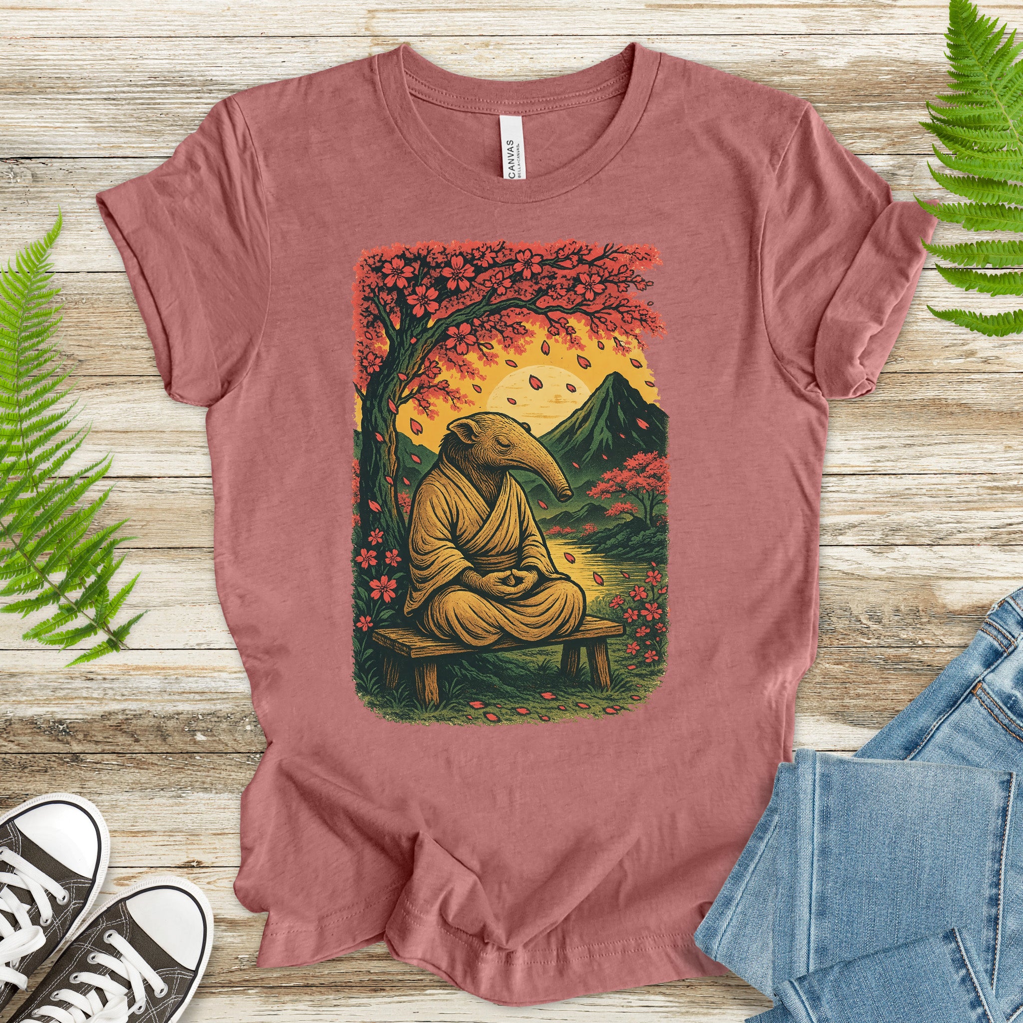 Zen Anteater T-Shirt – Meditating Animal & Cherry Blossom Tee