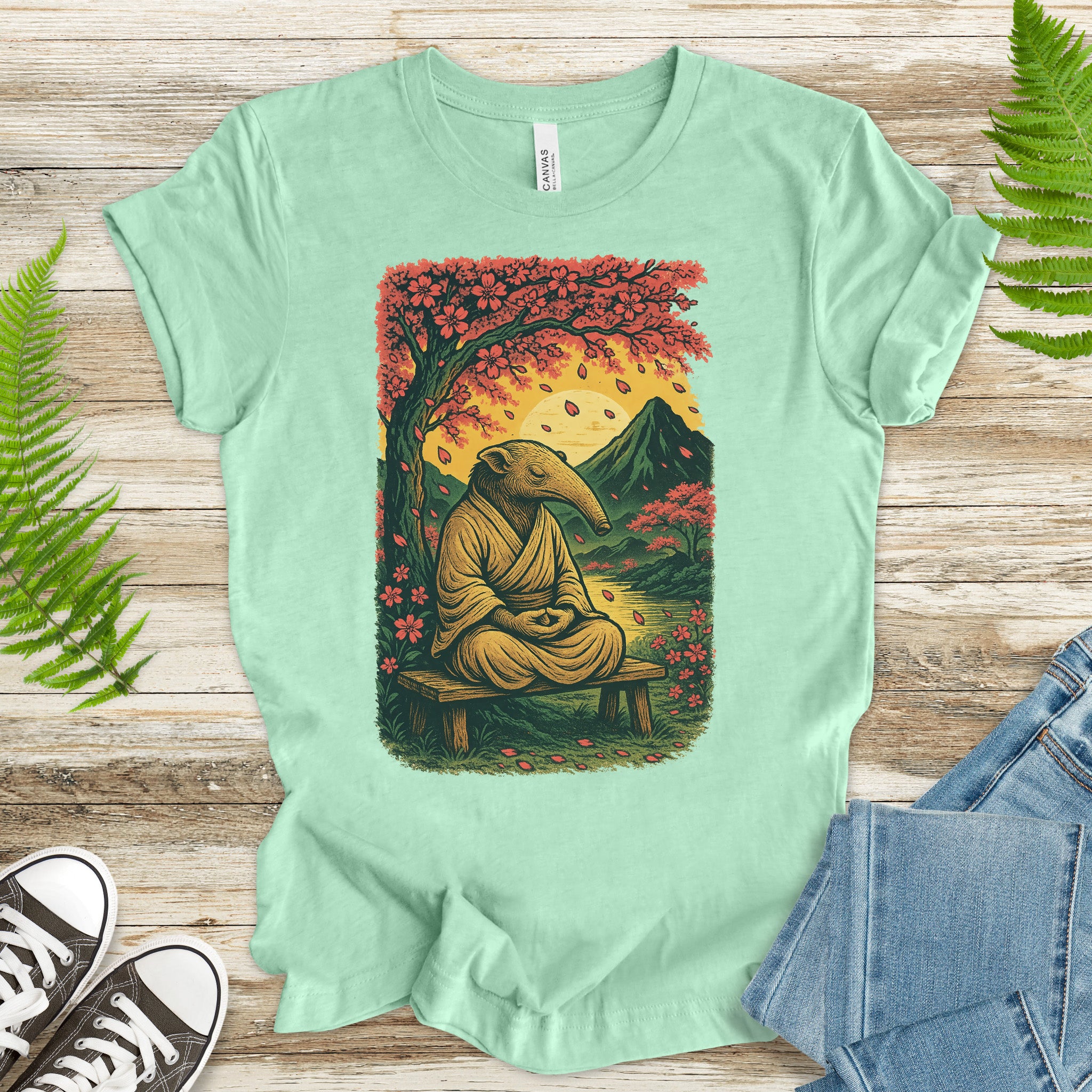 Zen Anteater T-Shirt – Meditating Animal & Cherry Blossom Tee