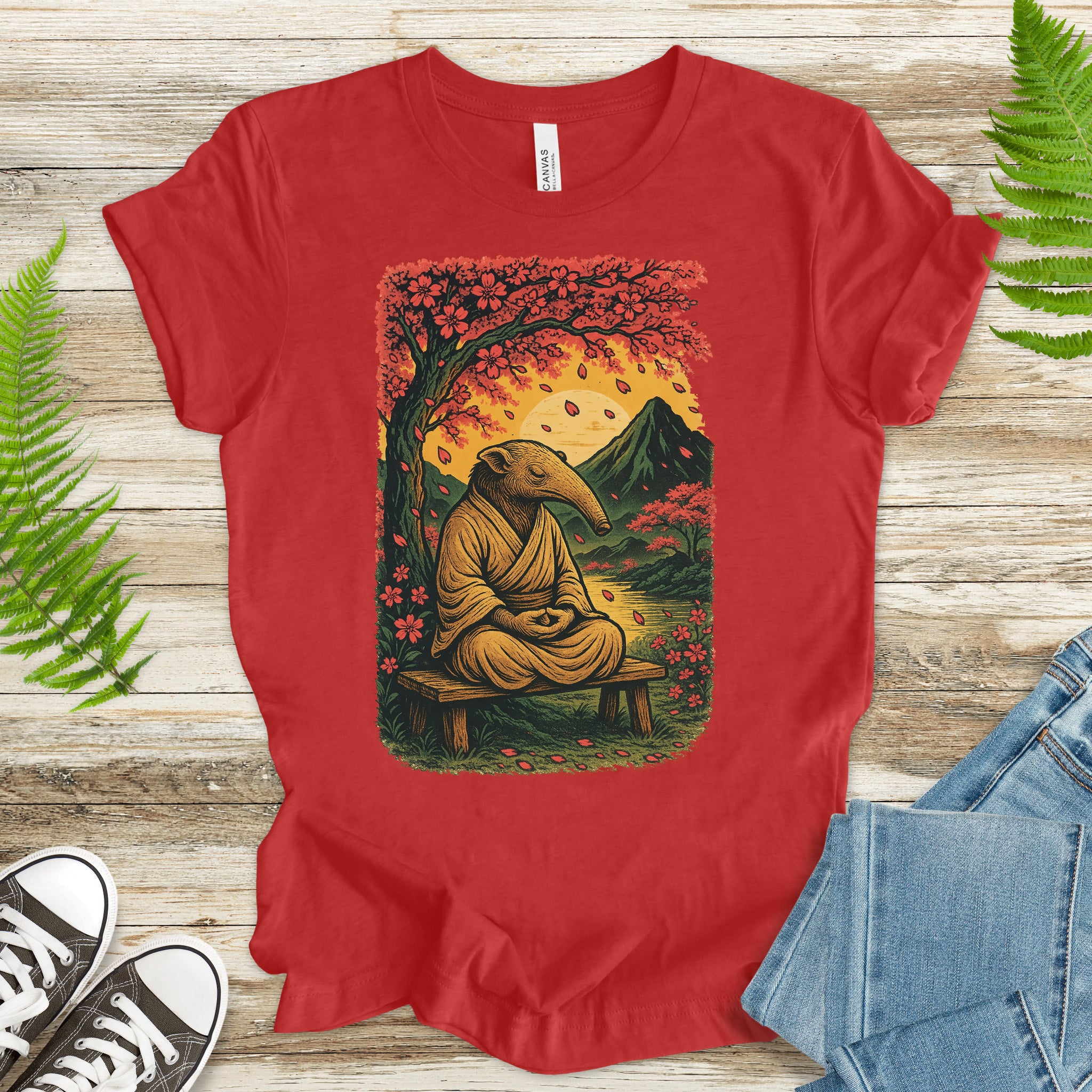 Zen Anteater T-Shirt – Meditating Animal & Cherry Blossom Tee