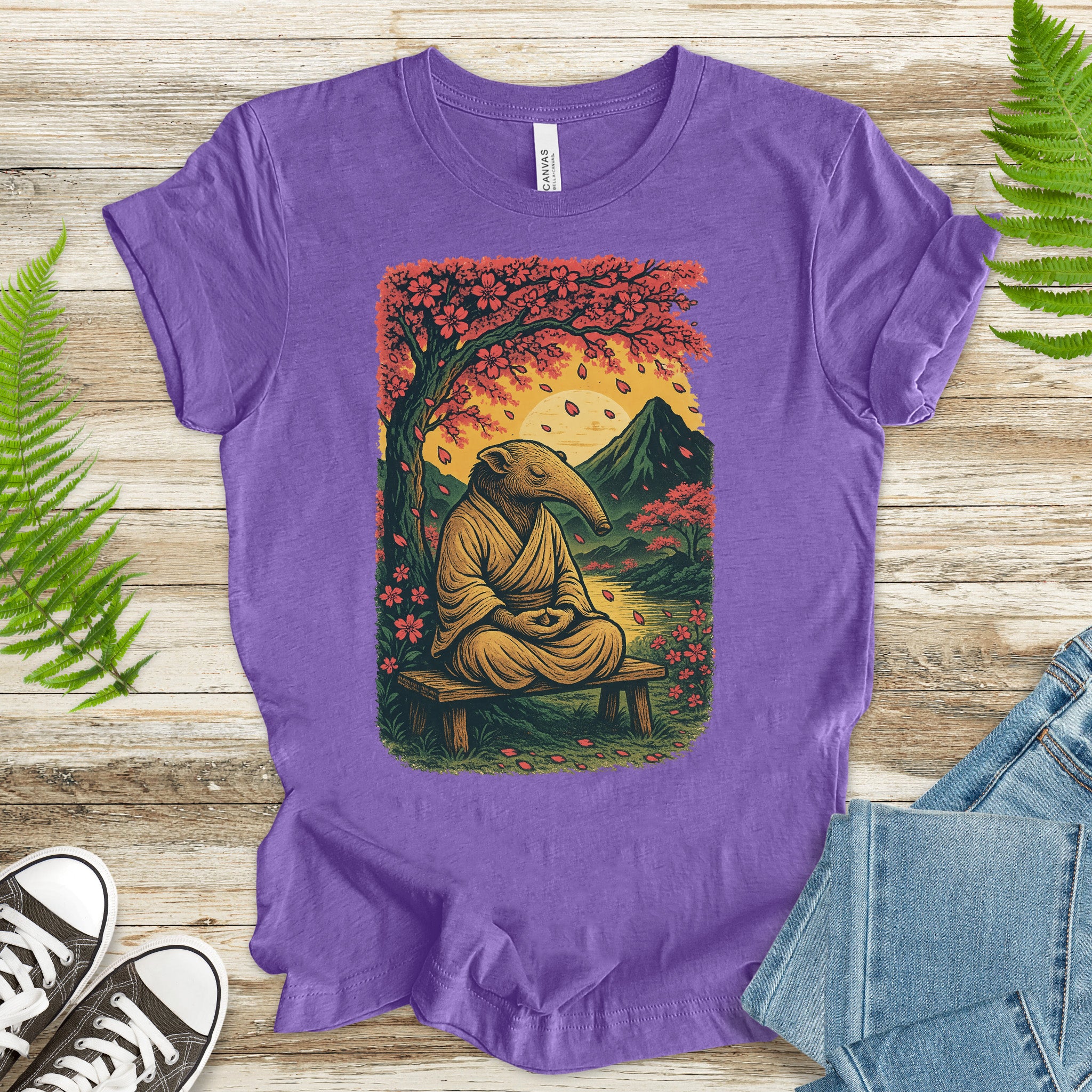 Zen Anteater T-Shirt – Meditating Animal & Cherry Blossom Tee