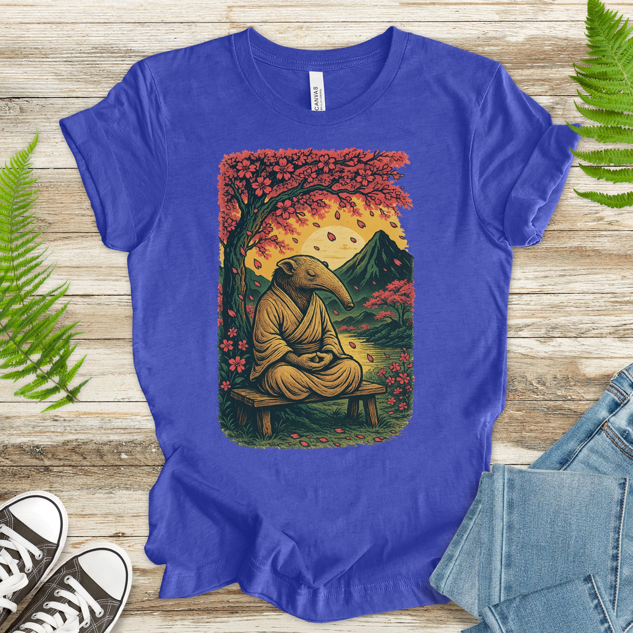 Zen Anteater T-Shirt – Meditating Animal & Cherry Blossom Tee