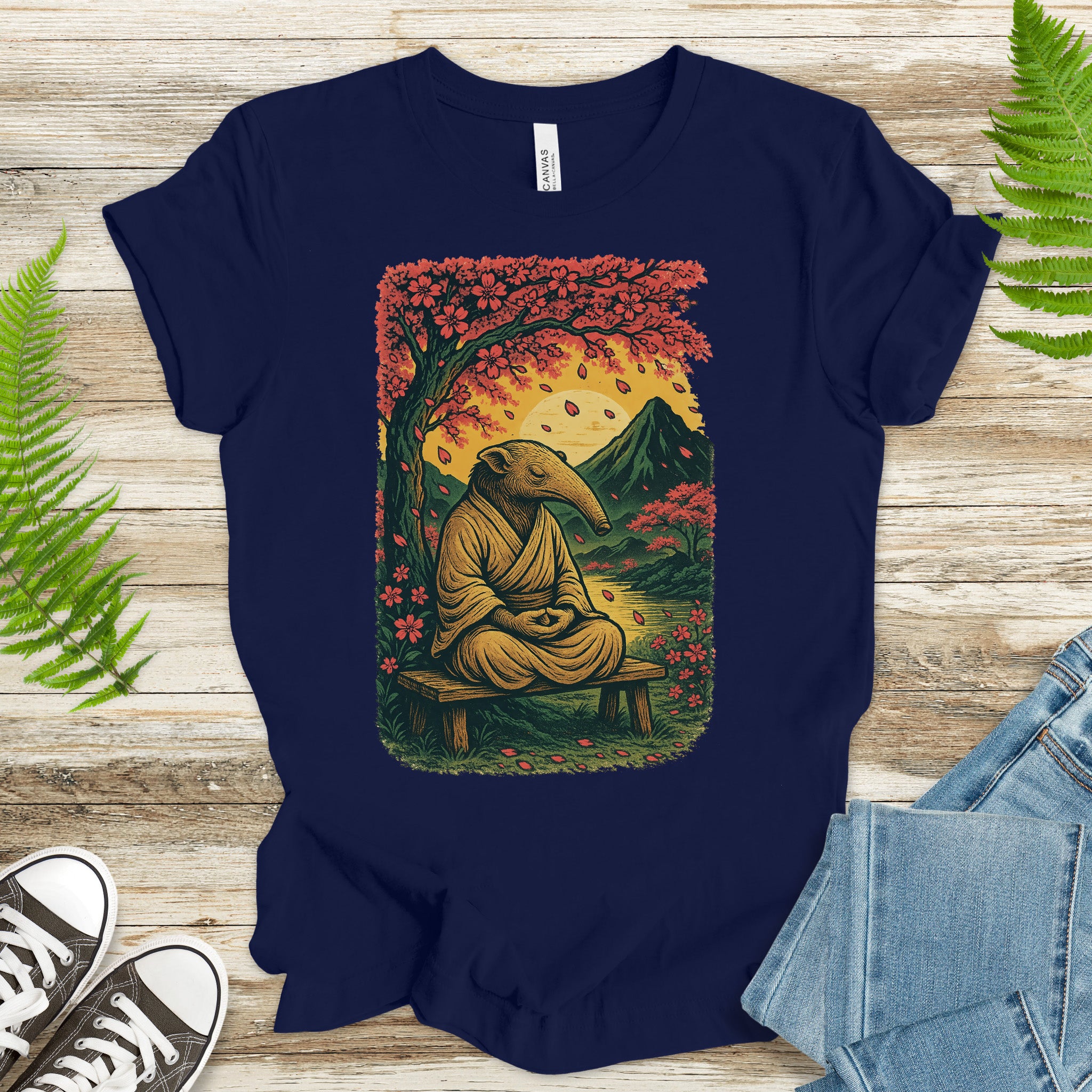 Zen Anteater T-Shirt – Meditating Animal & Cherry Blossom Tee