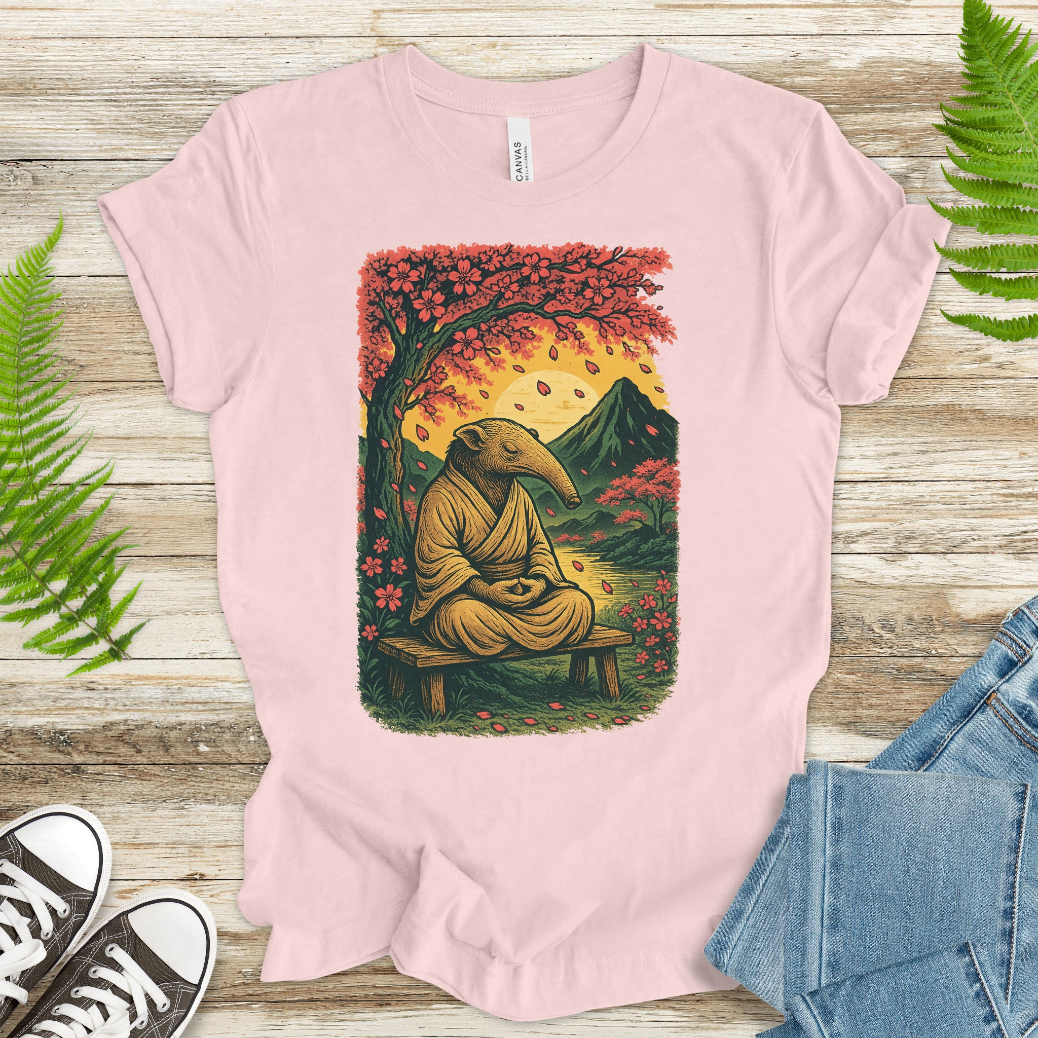 Zen Anteater T-Shirt – Meditating Animal & Cherry Blossom Tee