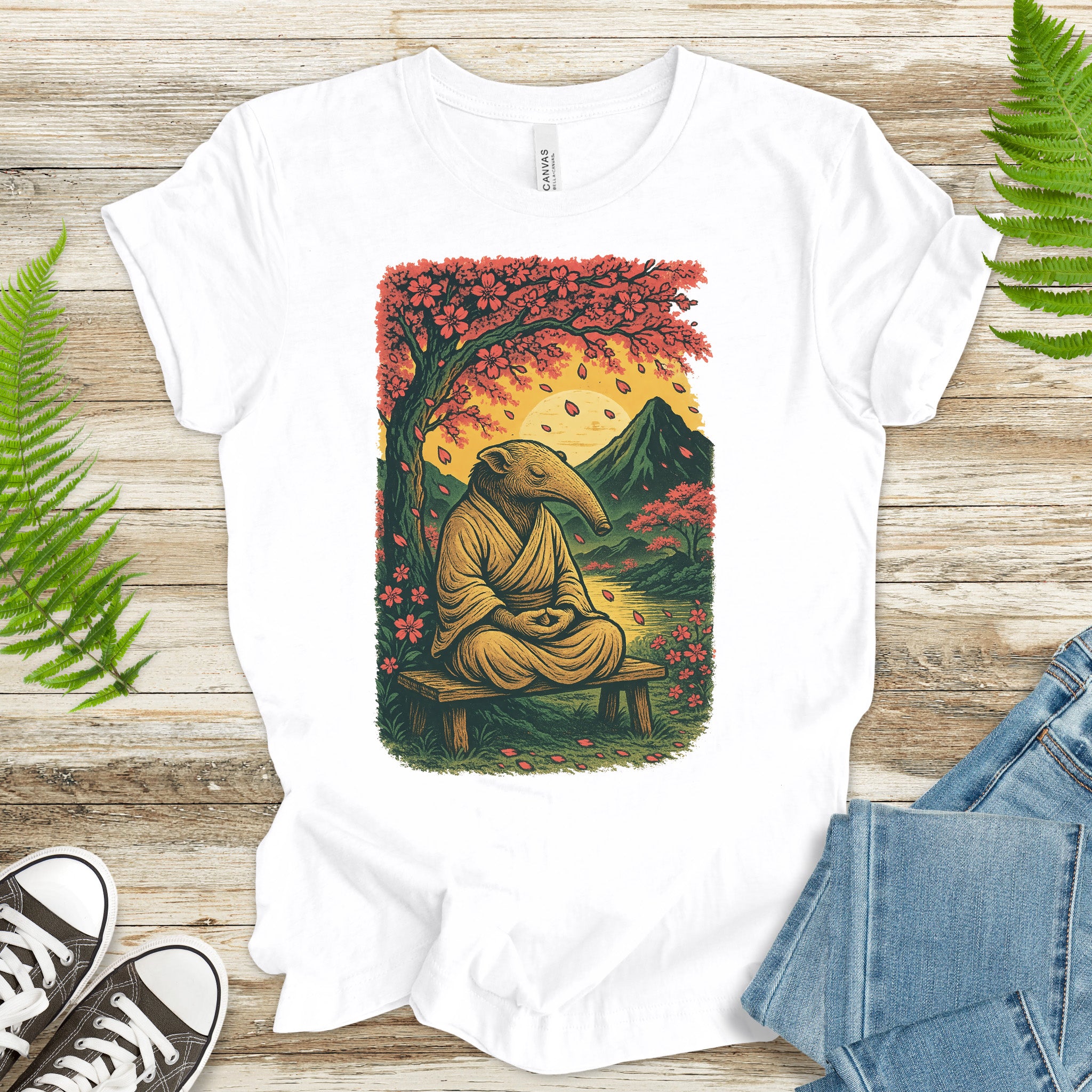 Zen Anteater T-Shirt – Meditating Animal & Cherry Blossom Tee