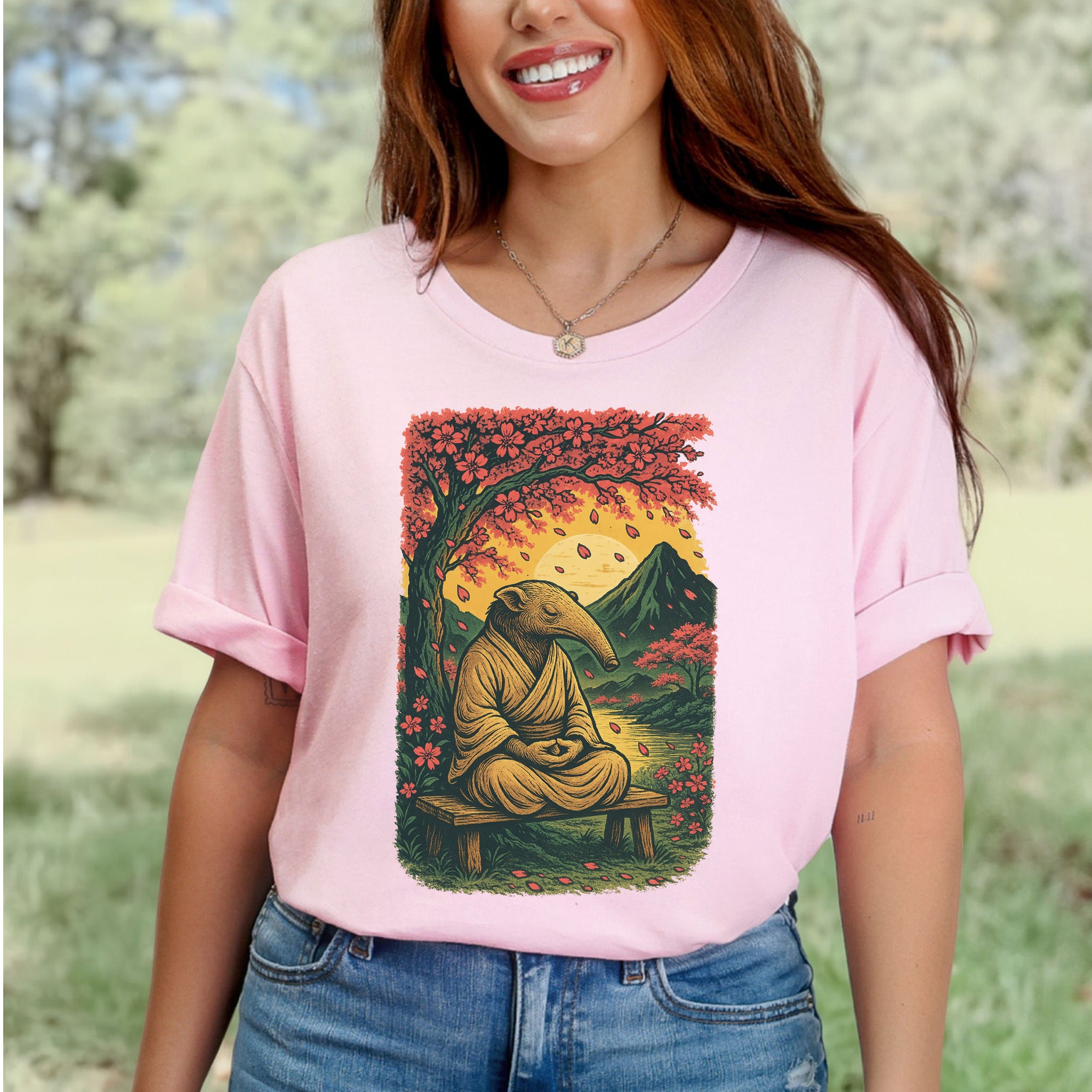 Zen Anteater T-Shirt – Meditating Animal & Cherry Blossom Tee