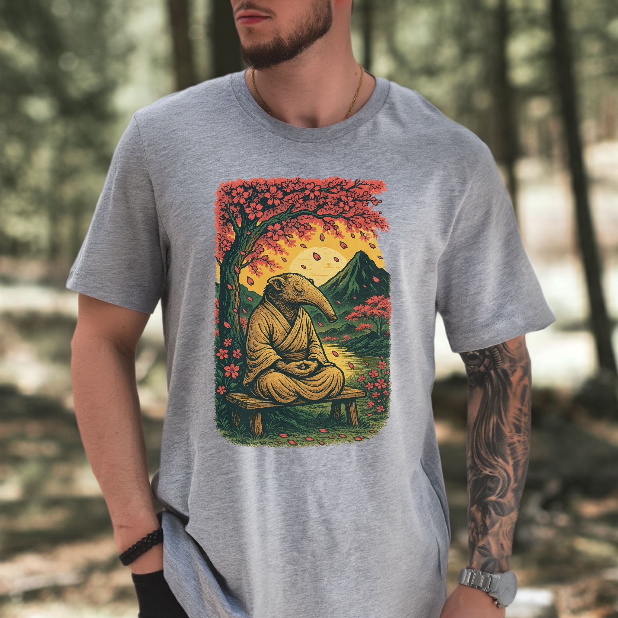 Zen Anteater T-Shirt – Meditating Animal & Cherry Blossom Tee