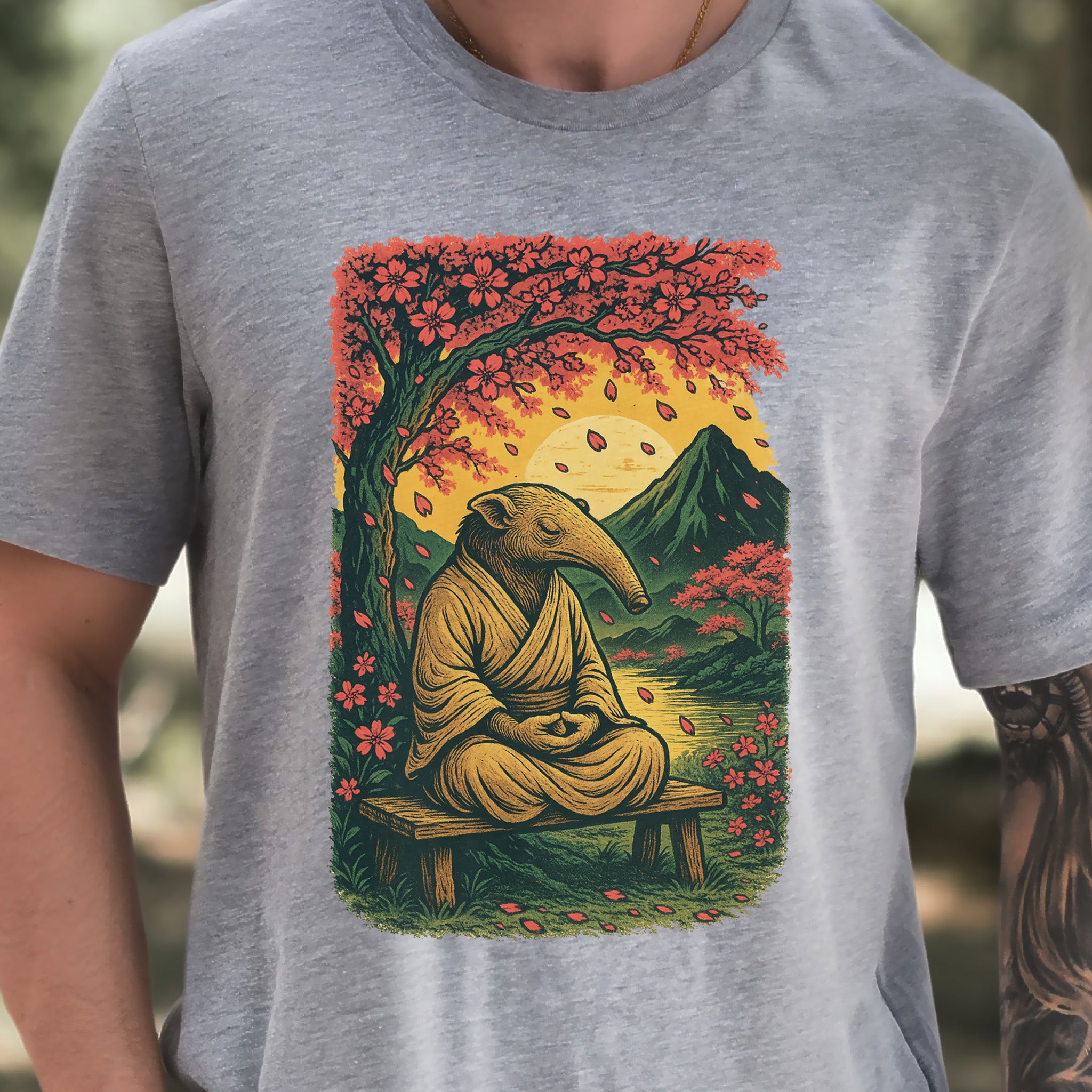 Zen Anteater T-Shirt – Meditating Animal & Cherry Blossom Tee