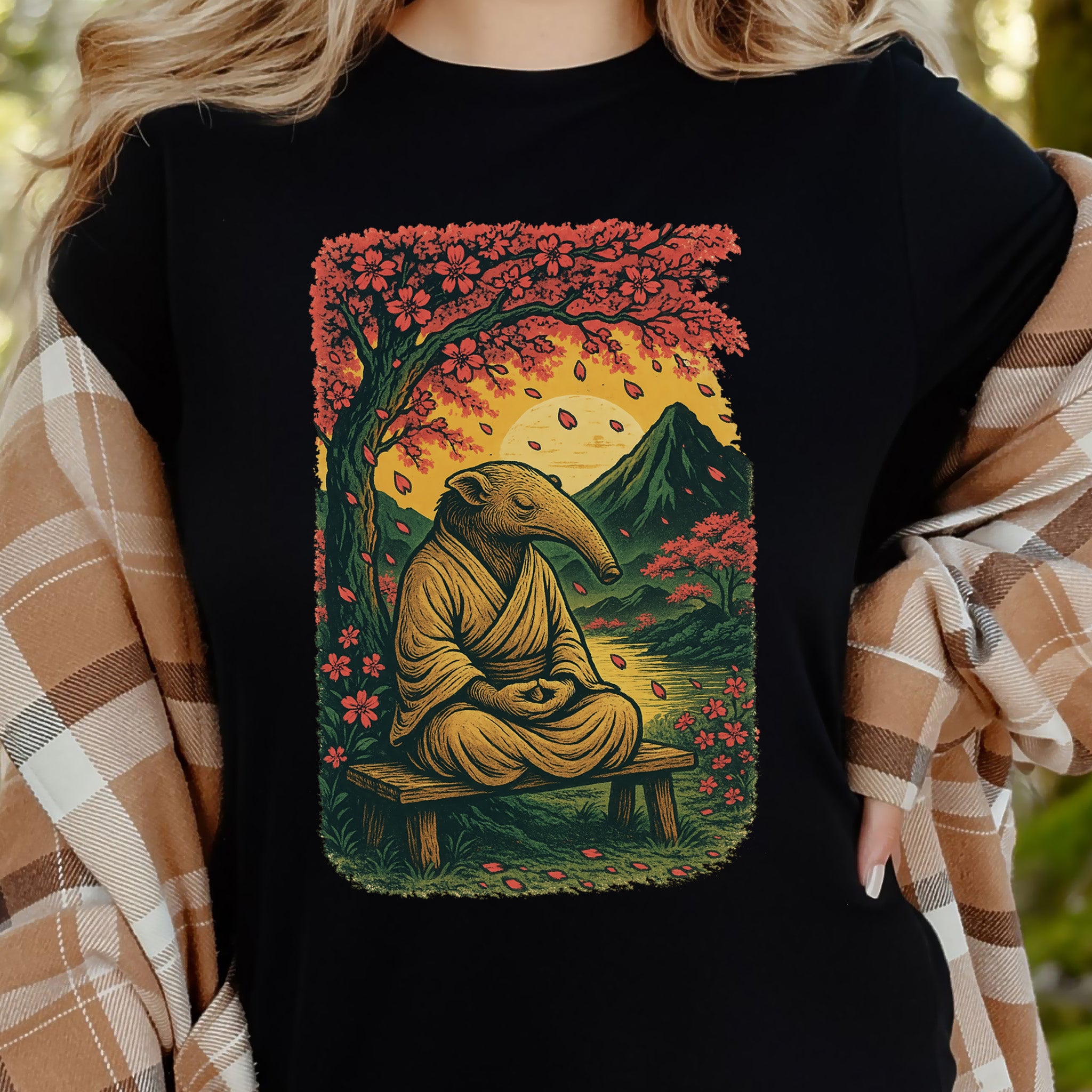 Zen Anteater T-Shirt – Meditating Animal & Cherry Blossom Tee