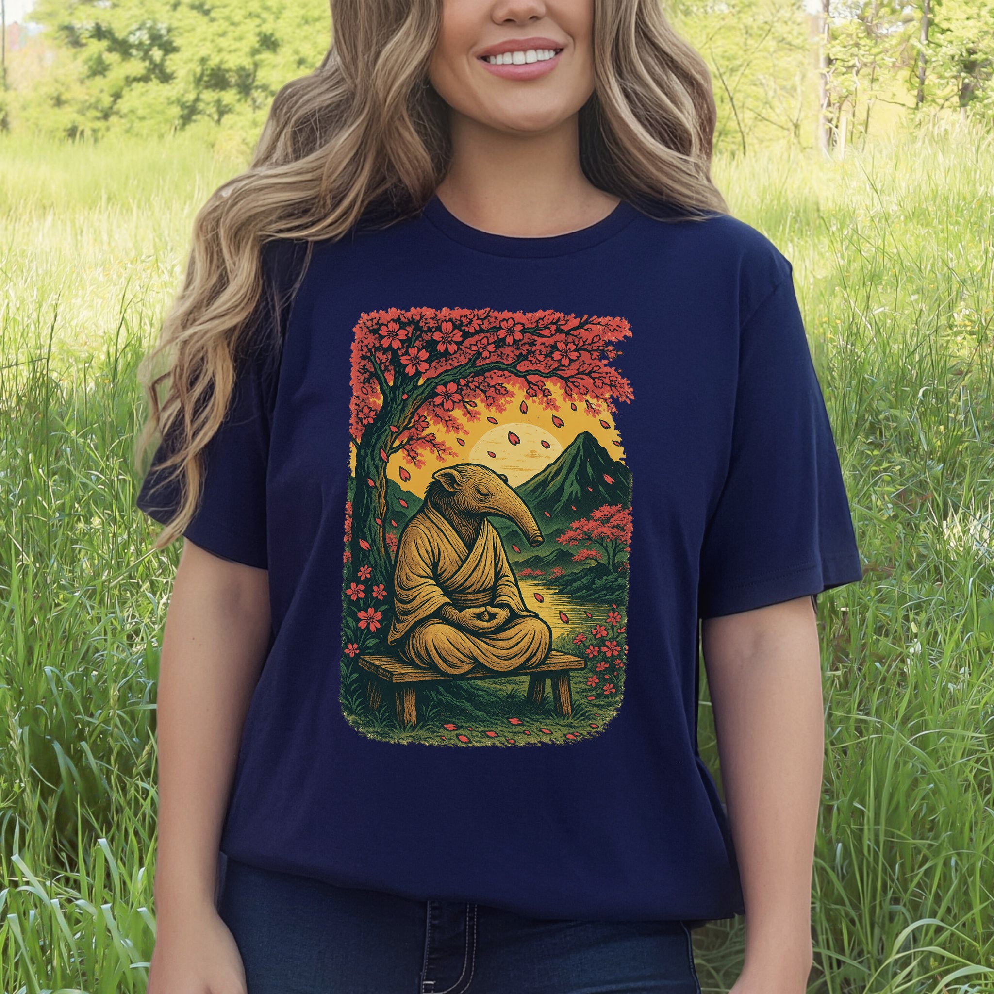 Zen Anteater T-Shirt – Meditating Animal & Cherry Blossom Tee