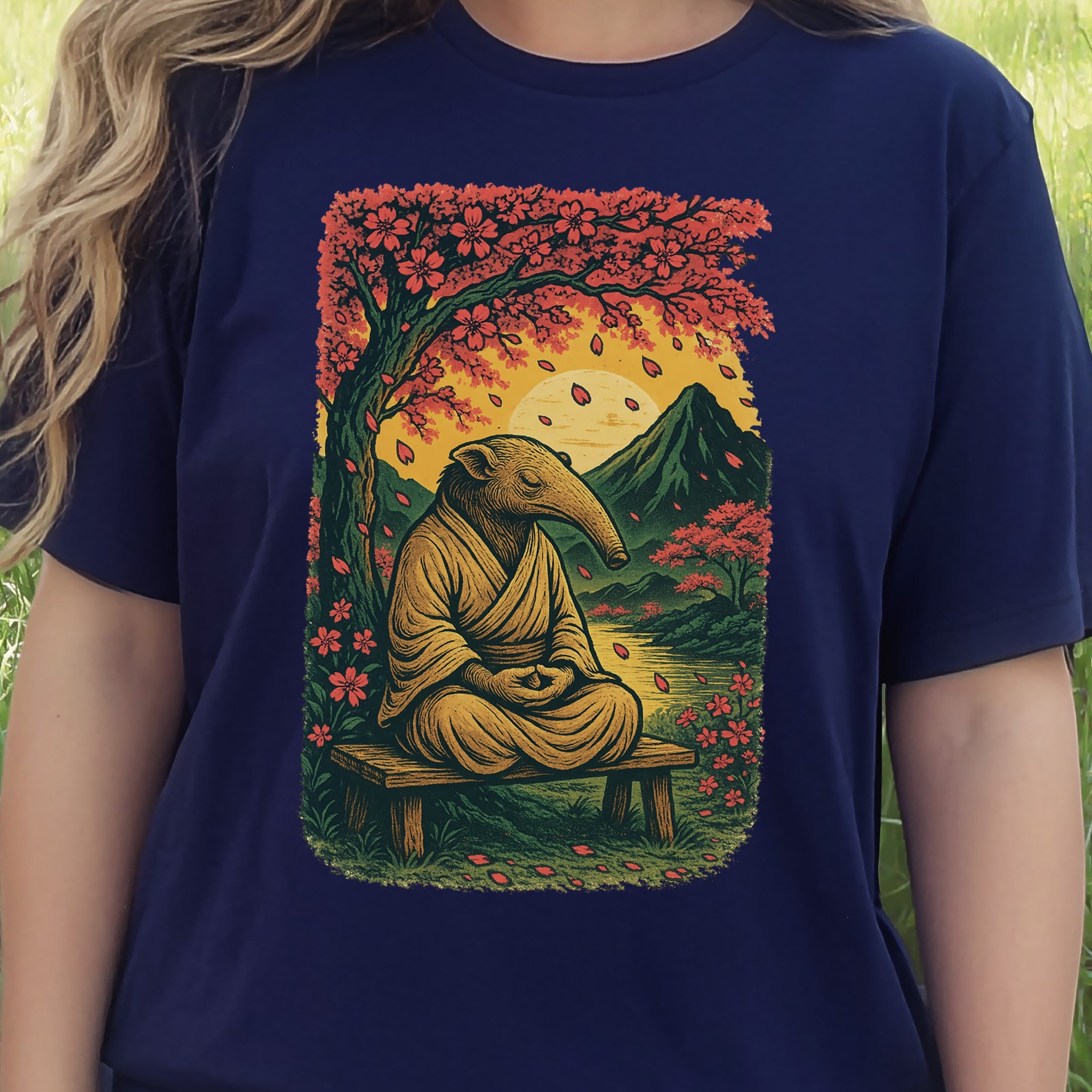 Zen Anteater T-Shirt – Meditating Animal & Cherry Blossom Tee