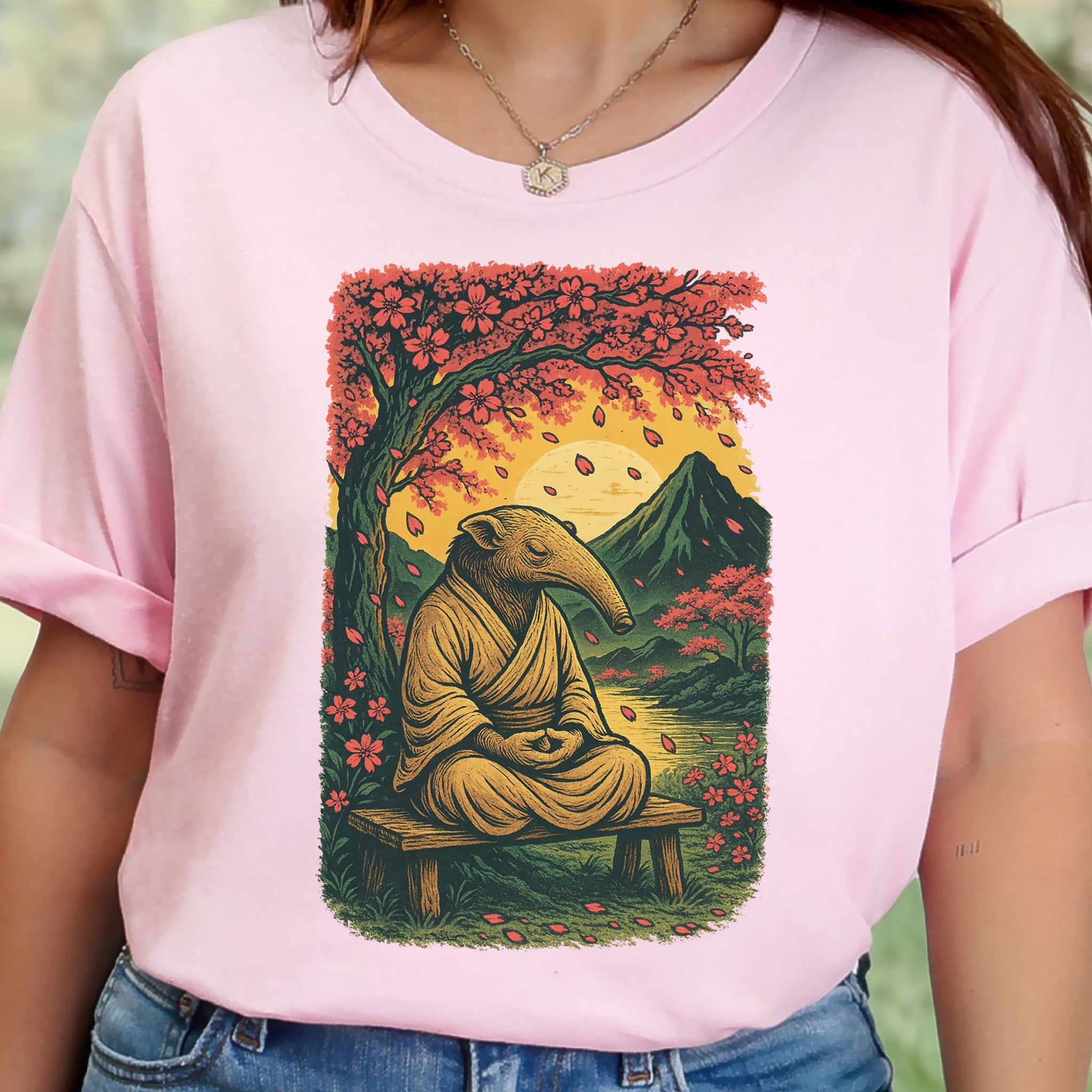 Zen Anteater T-Shirt – Meditating Animal & Cherry Blossom Tee