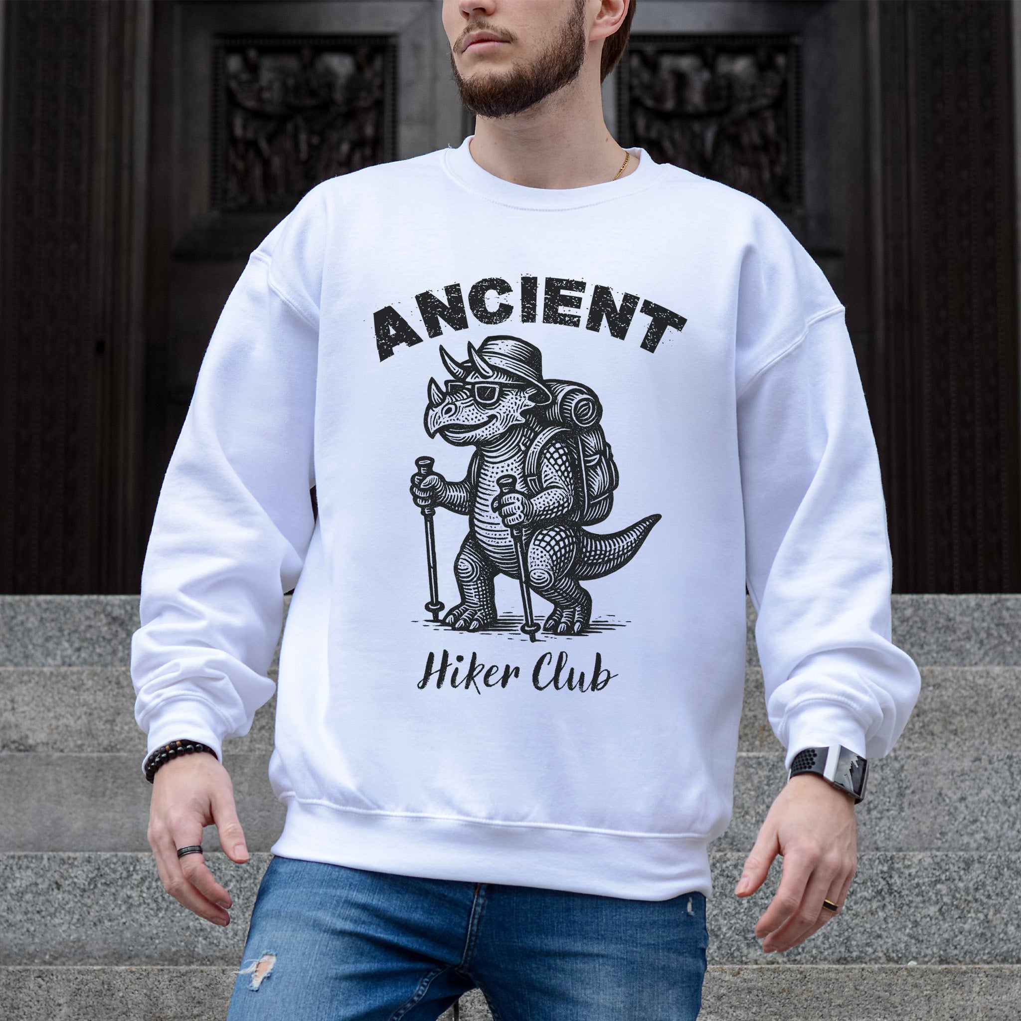Ancient Hiker Club Sweatshirt – Funny Dino Hiking Gift
