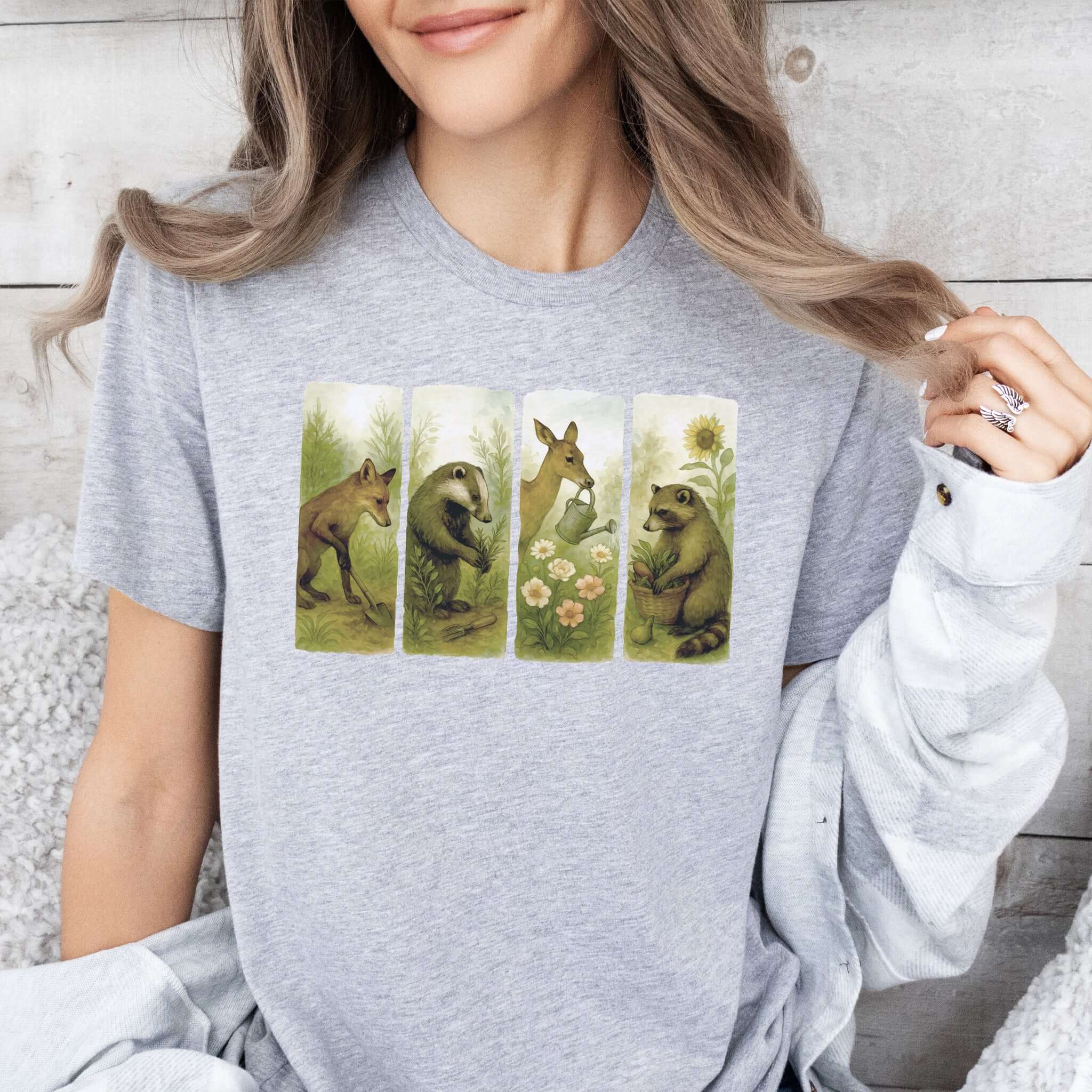 Woodland Garden Club T-Shirt – Watercolor Animal Gardening Tee