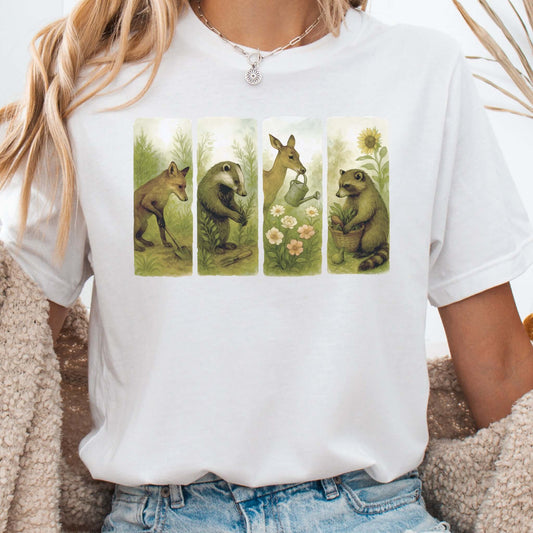 Woodland Garden Club T-Shirt – Watercolor Animal Gardening Tee