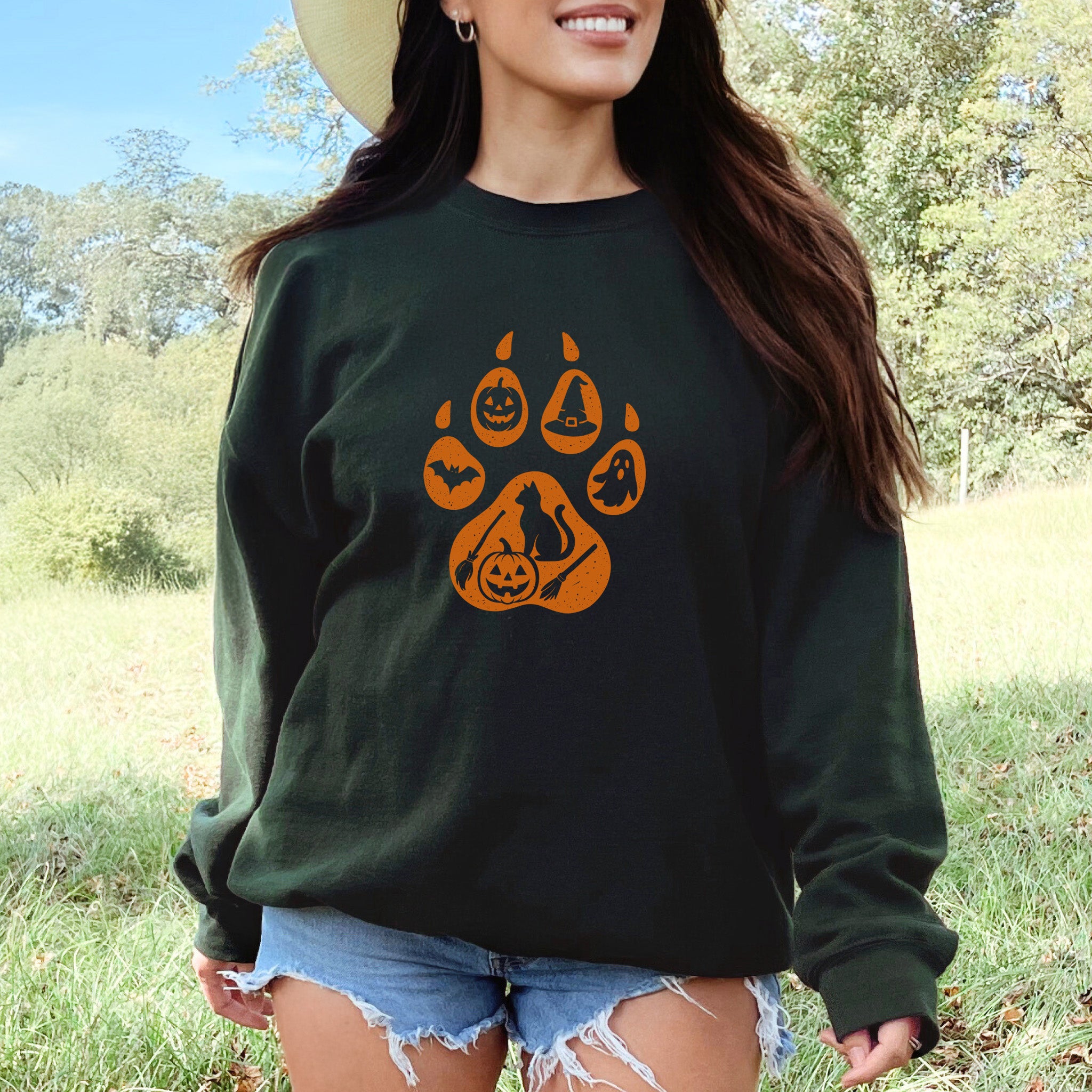 Halloween Cat Paw Print Sweatshirt – Spooky Season Gift for Cat Lovers