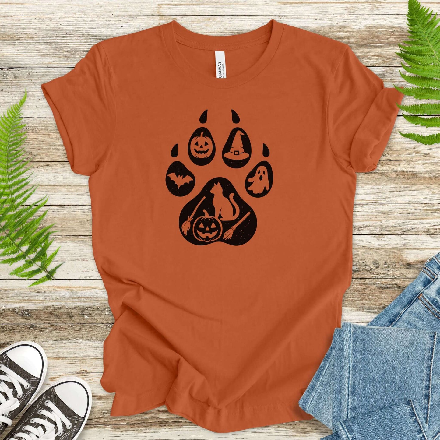 Halloween Cat Paw Print T-Shirt – Spooky Season Gift for Cat Lovers