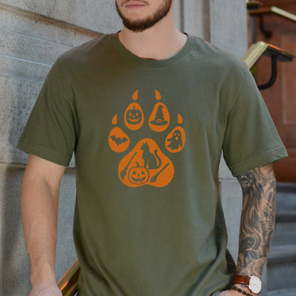 Halloween Cat Paw Print T-Shirt – Spooky Season Gift for Cat Lovers