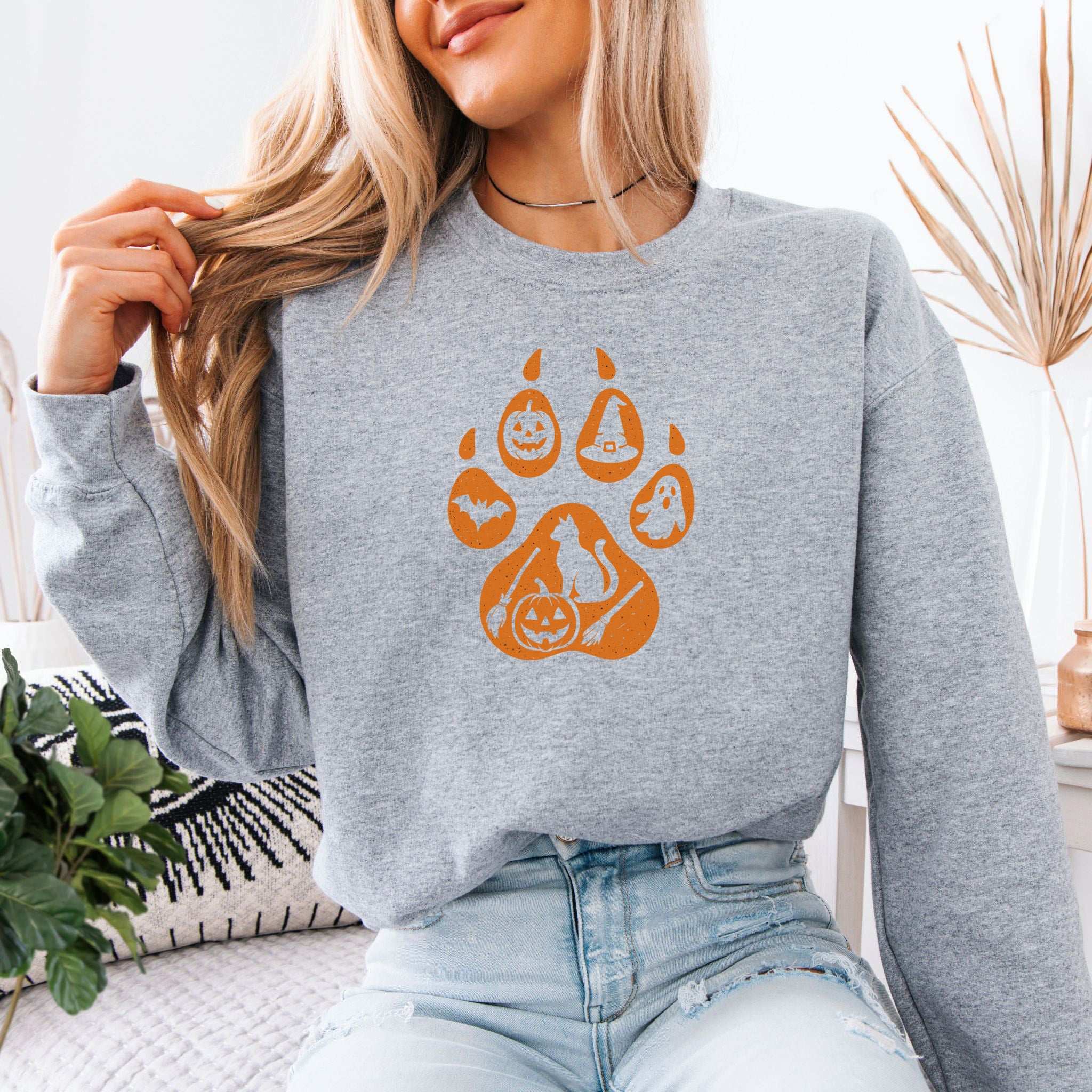 Halloween Cat Paw Print Sweatshirt – Spooky Season Gift for Cat Lovers