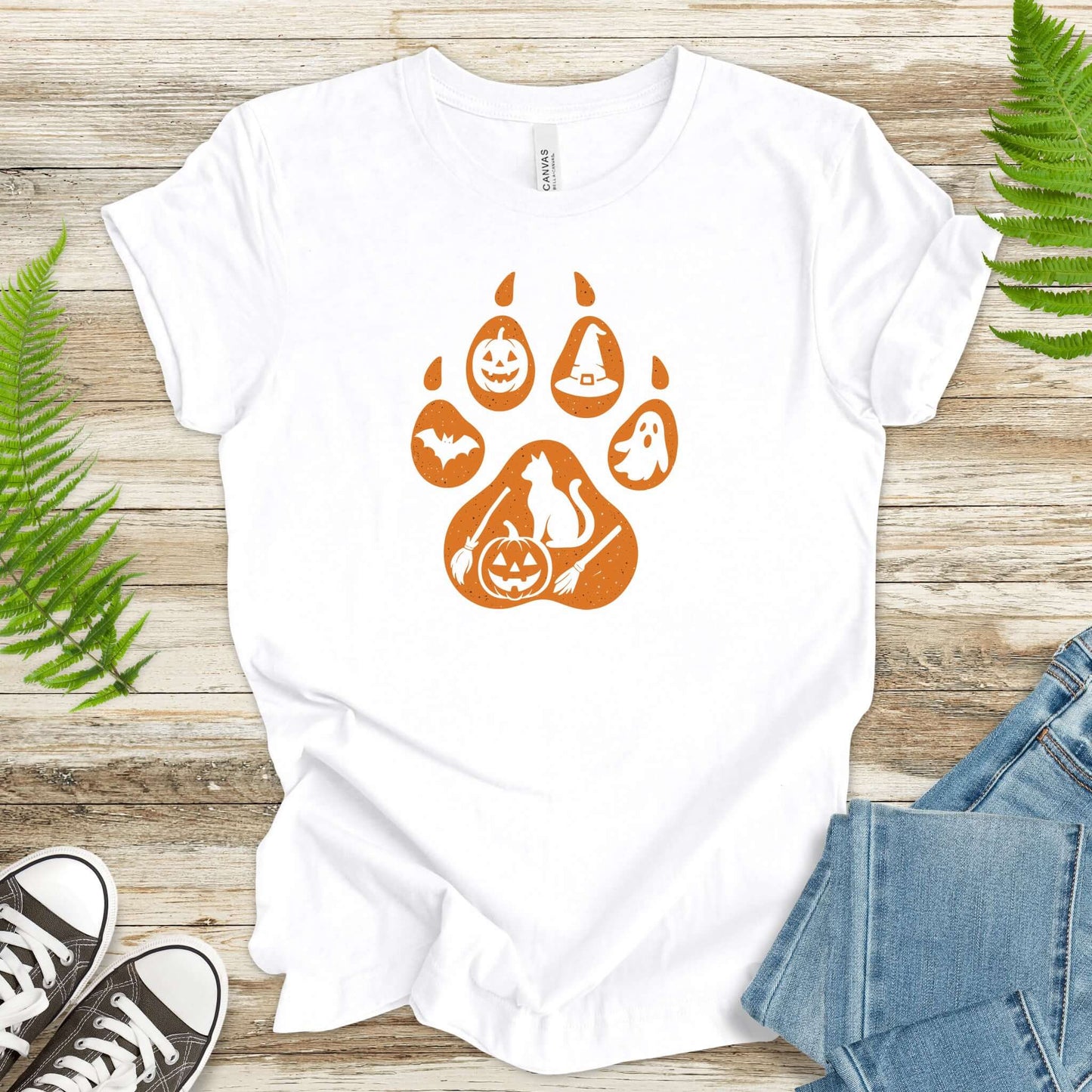 Halloween Cat Paw Print T-Shirt – Spooky Season Gift for Cat Lovers