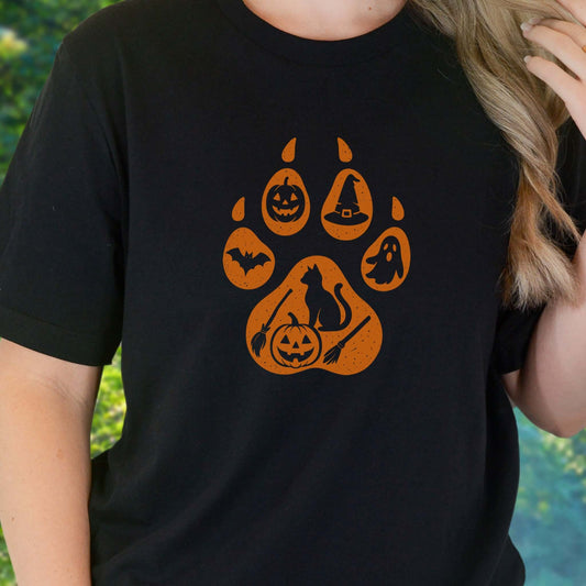 Halloween Cat Paw Print T-Shirt – Spooky Season Gift for Cat Lovers