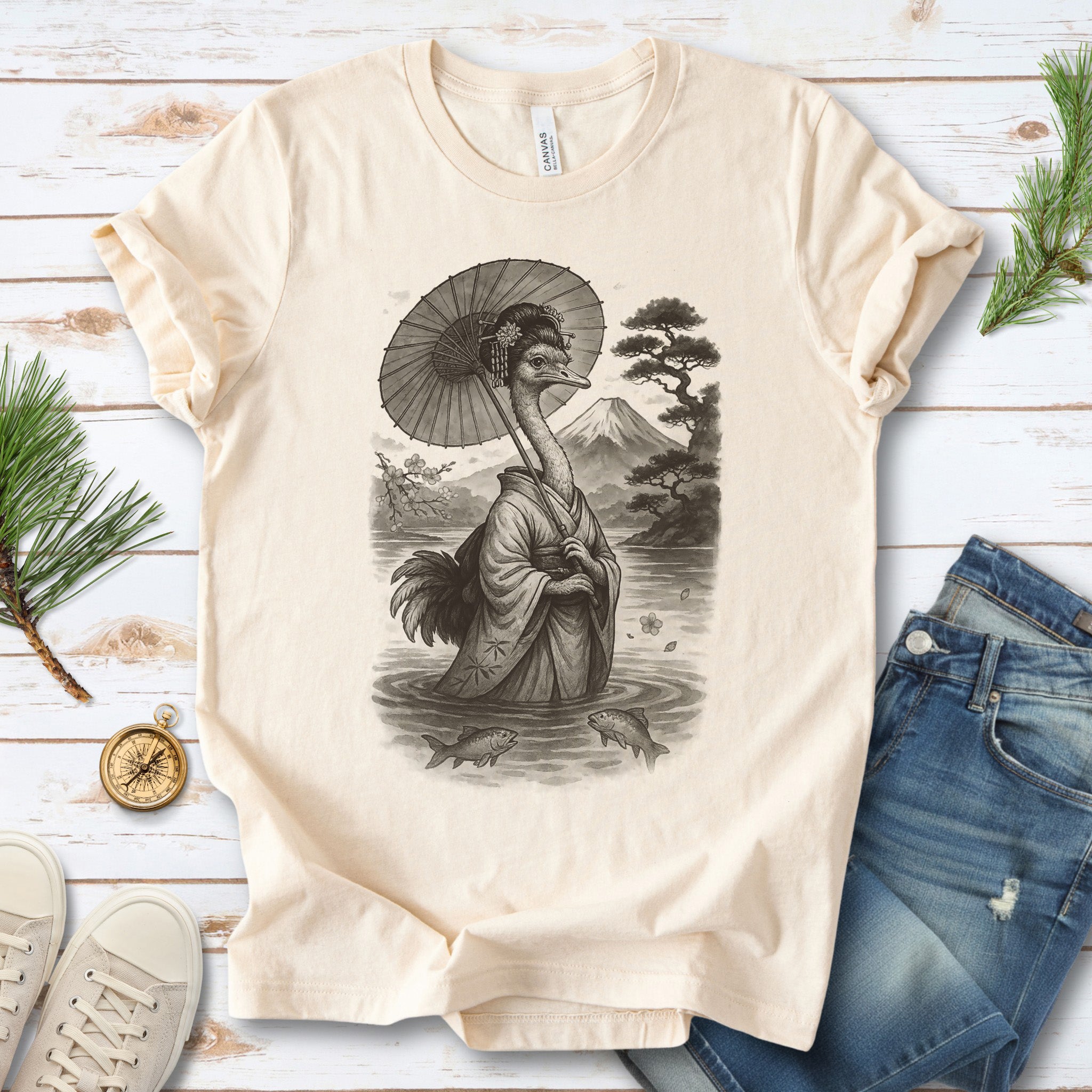 Ostrich Geisha T-Shirt – Vintage Japanese Bird Lover Tee