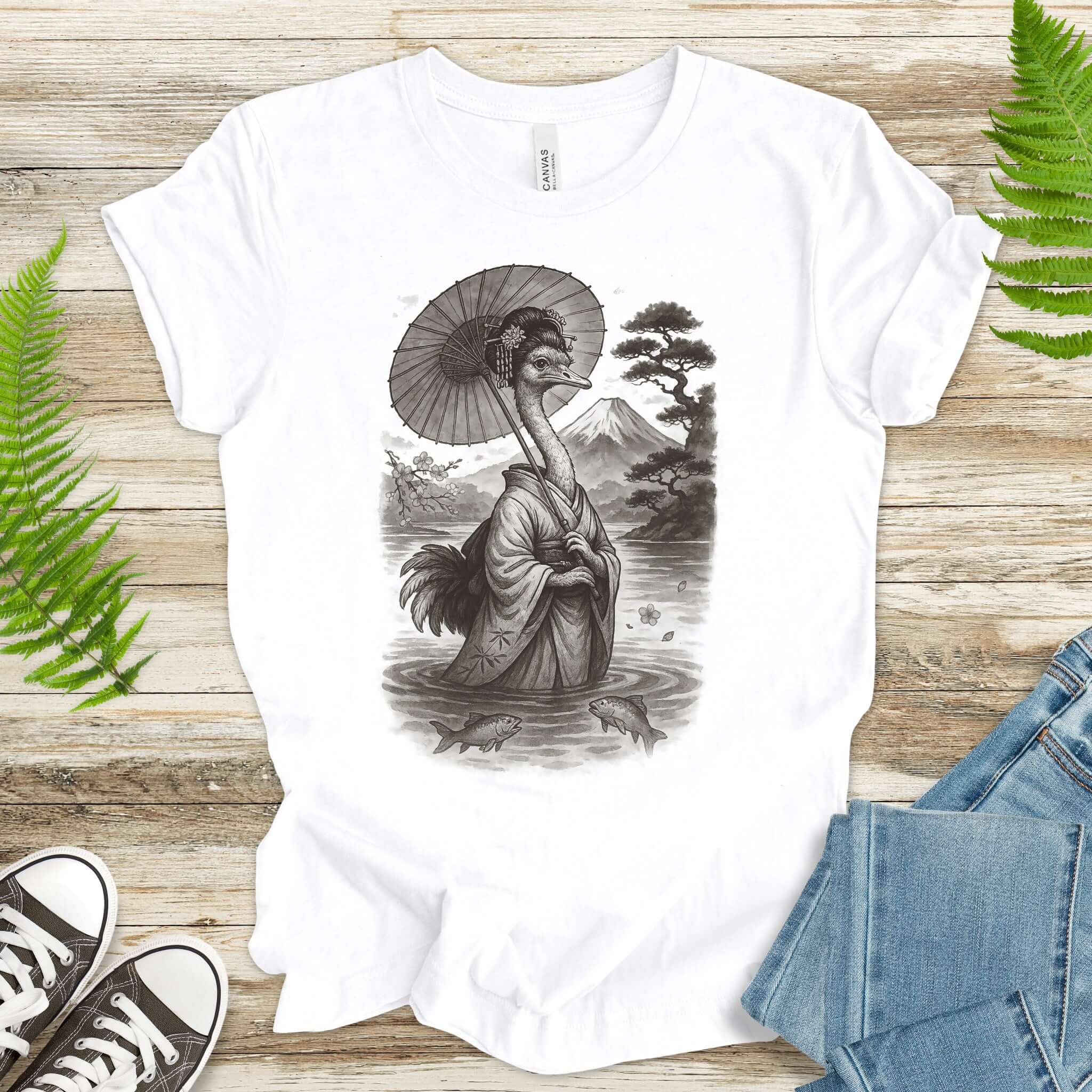 Ostrich Geisha T-Shirt – Vintage Japanese Bird Lover Tee