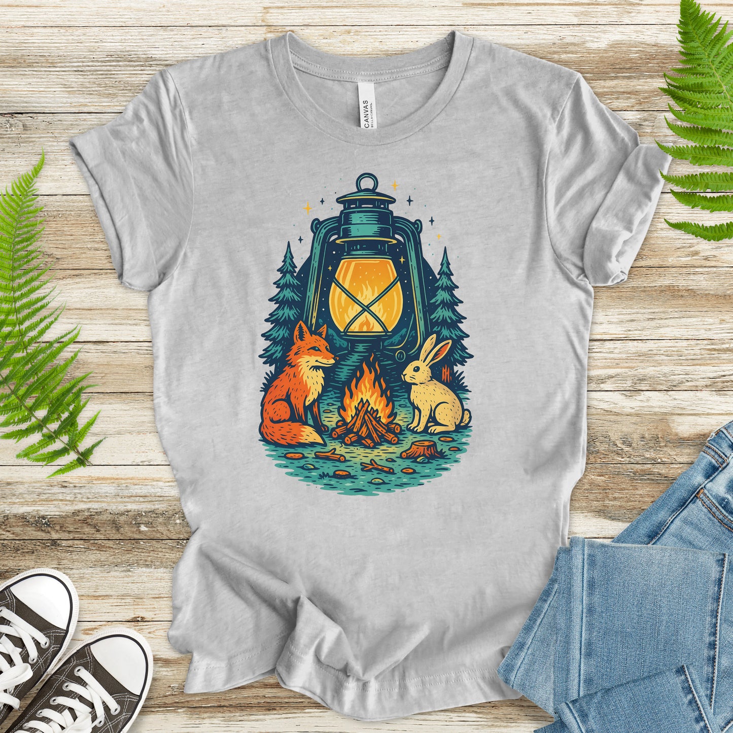 Campfire Fox & Bunny T-Shirt – Cozy Retro Nature Lover Tee