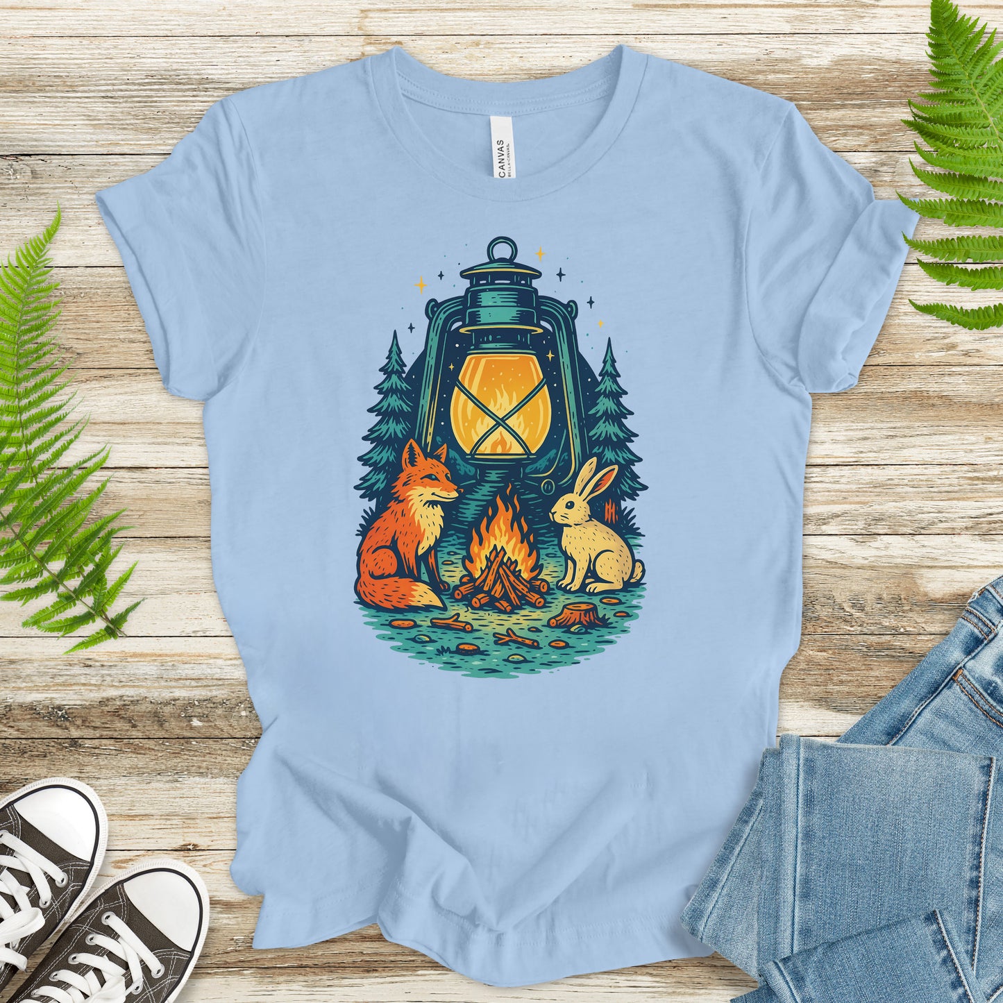 Campfire Fox & Bunny T-Shirt – Cozy Retro Nature Lover Tee
