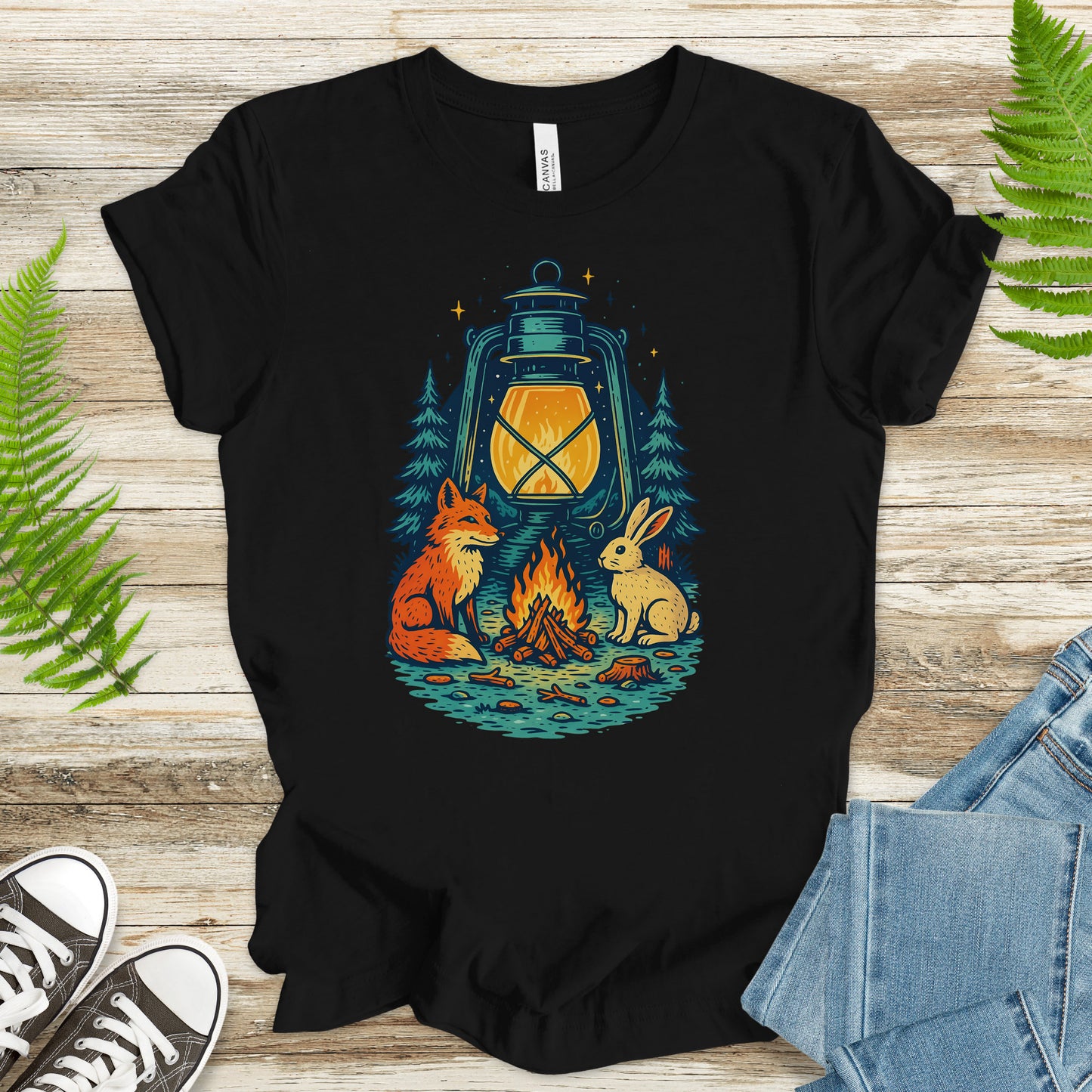 Campfire Fox & Bunny T-Shirt – Cozy Retro Nature Lover Tee