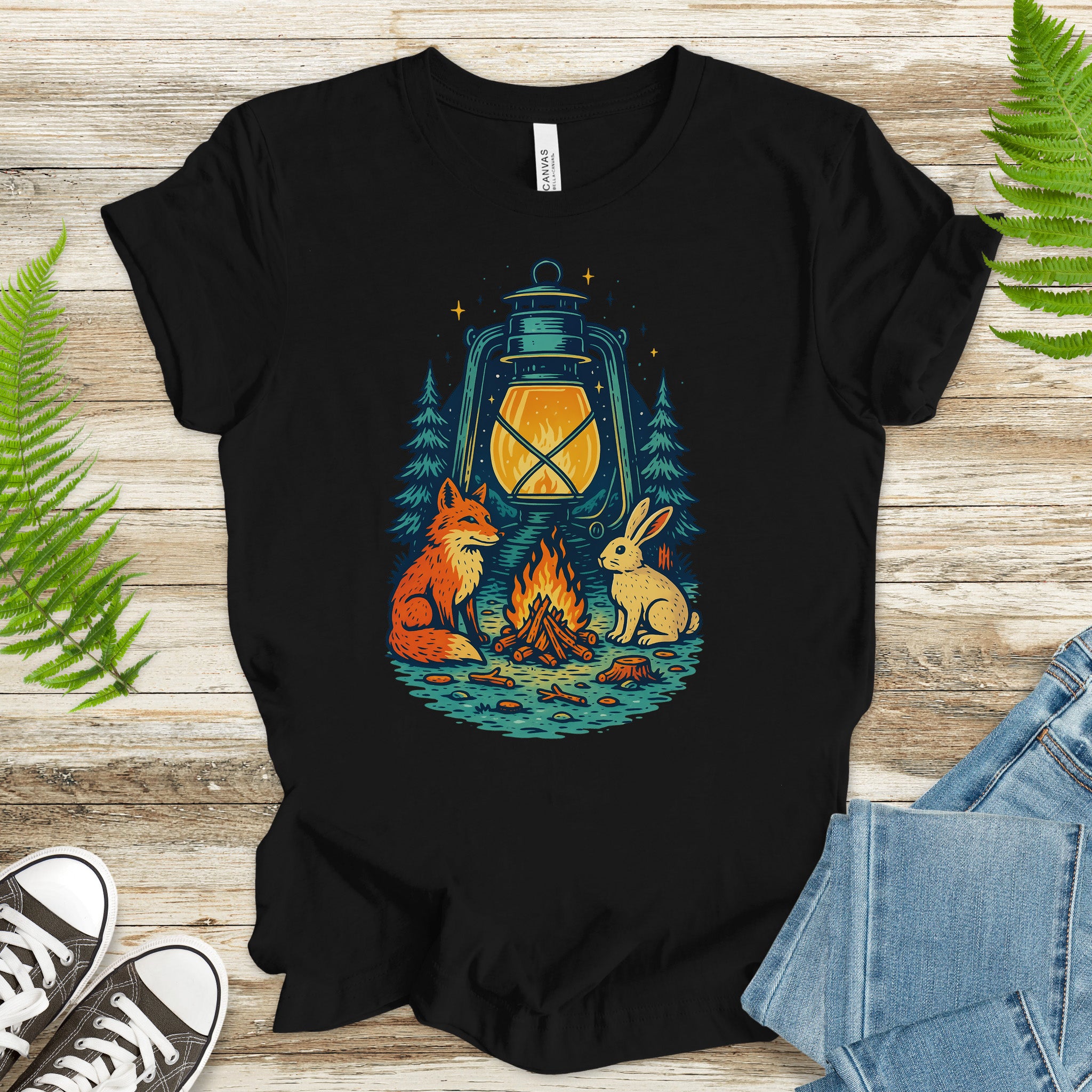 Campfire Fox & Bunny T-Shirt – Cozy Retro Nature Lover Tee