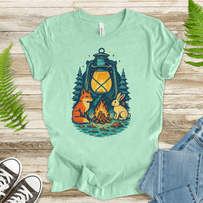 Campfire Fox & Bunny T-Shirt – Cozy Retro Nature Lover Tee