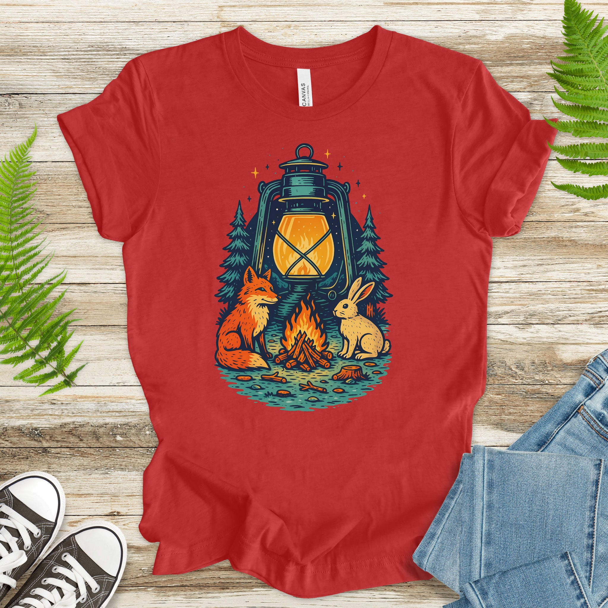 Campfire Fox & Bunny T-Shirt – Cozy Retro Nature Lover Tee