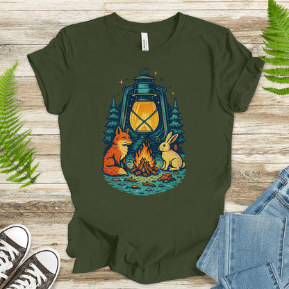 Campfire Fox & Bunny T-Shirt – Cozy Retro Nature Lover Tee