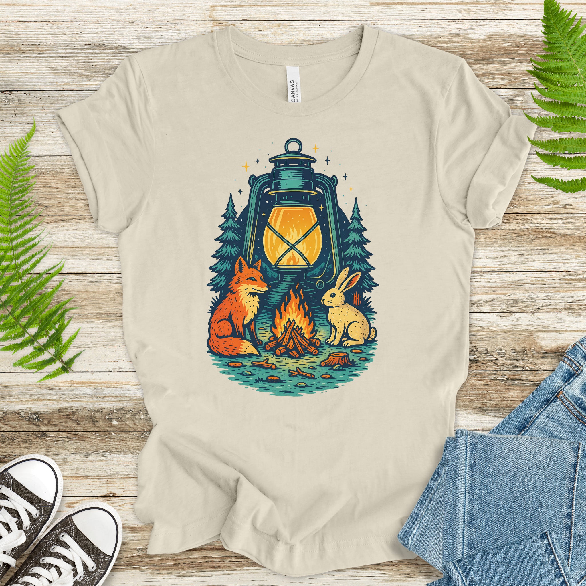 Campfire Fox & Bunny T-Shirt – Cozy Retro Nature Lover Tee