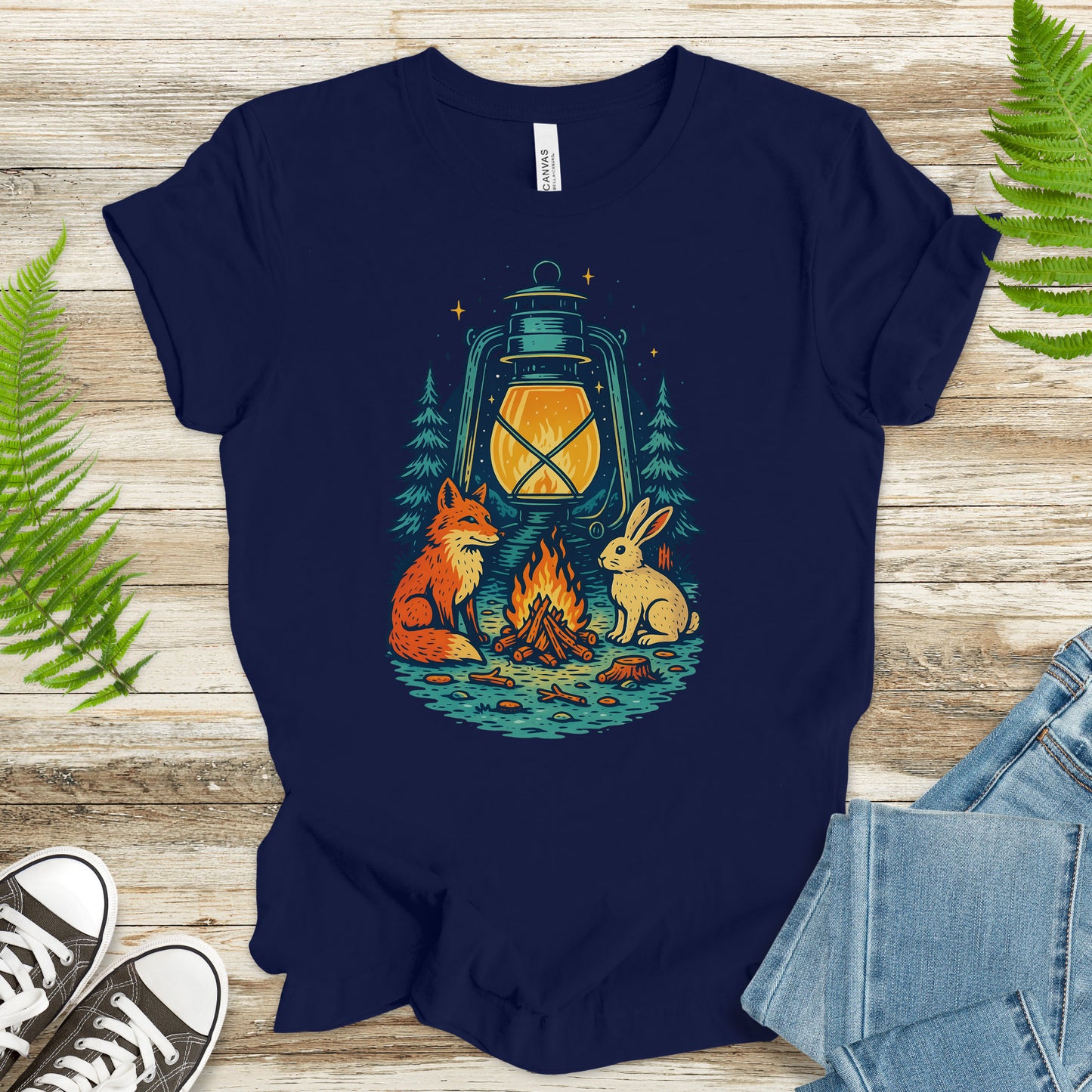 Campfire Fox & Bunny T-Shirt – Cozy Retro Nature Lover Tee