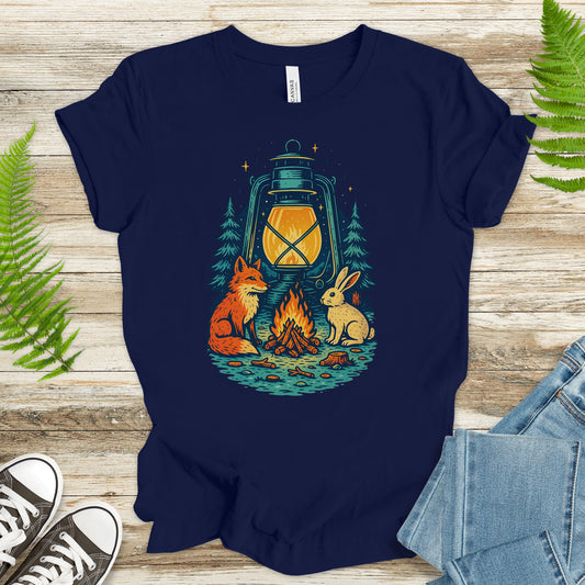 Campfire Fox & Bunny T-Shirt – Cozy Retro Nature Lover Tee