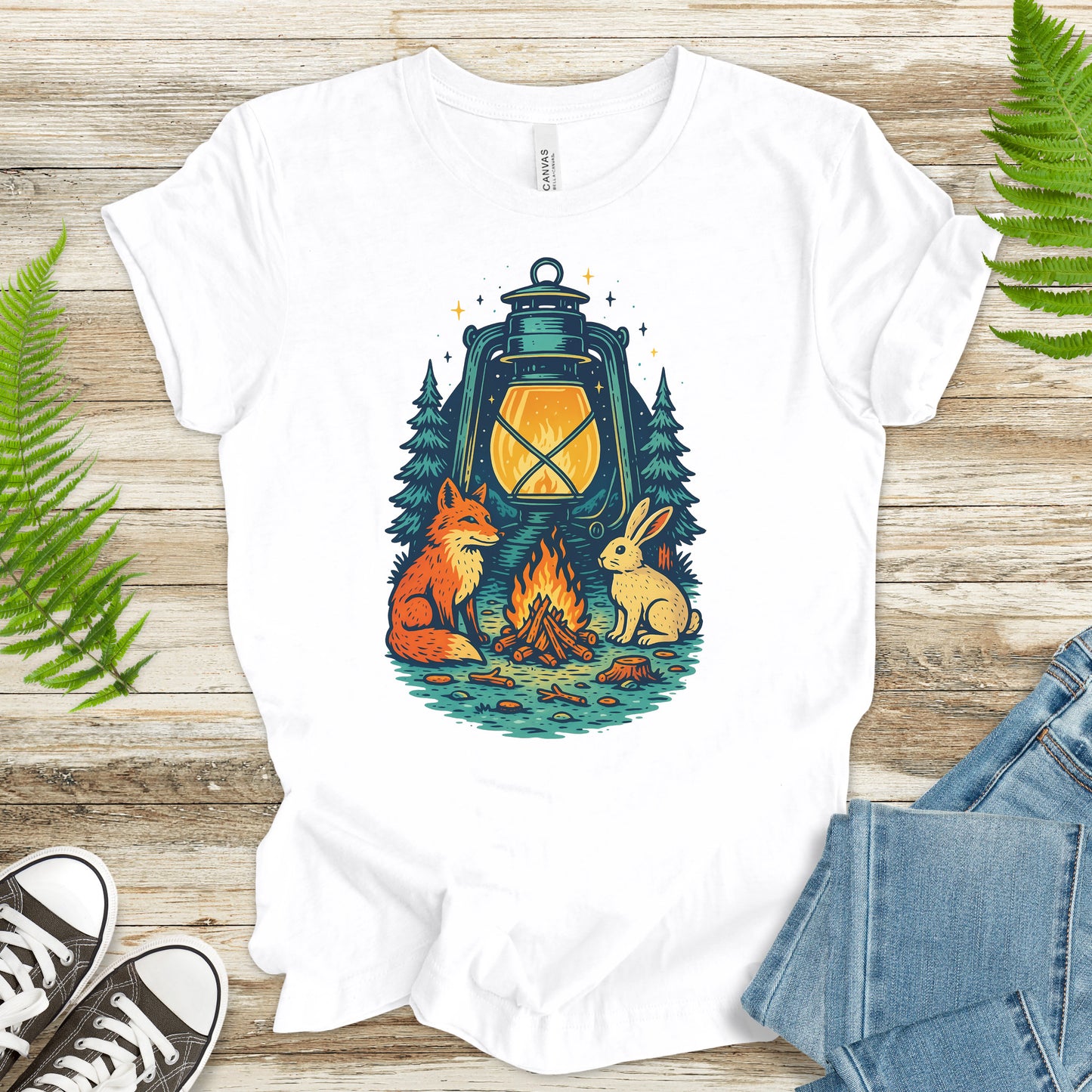 Campfire Fox & Bunny T-Shirt – Cozy Retro Nature Lover Tee