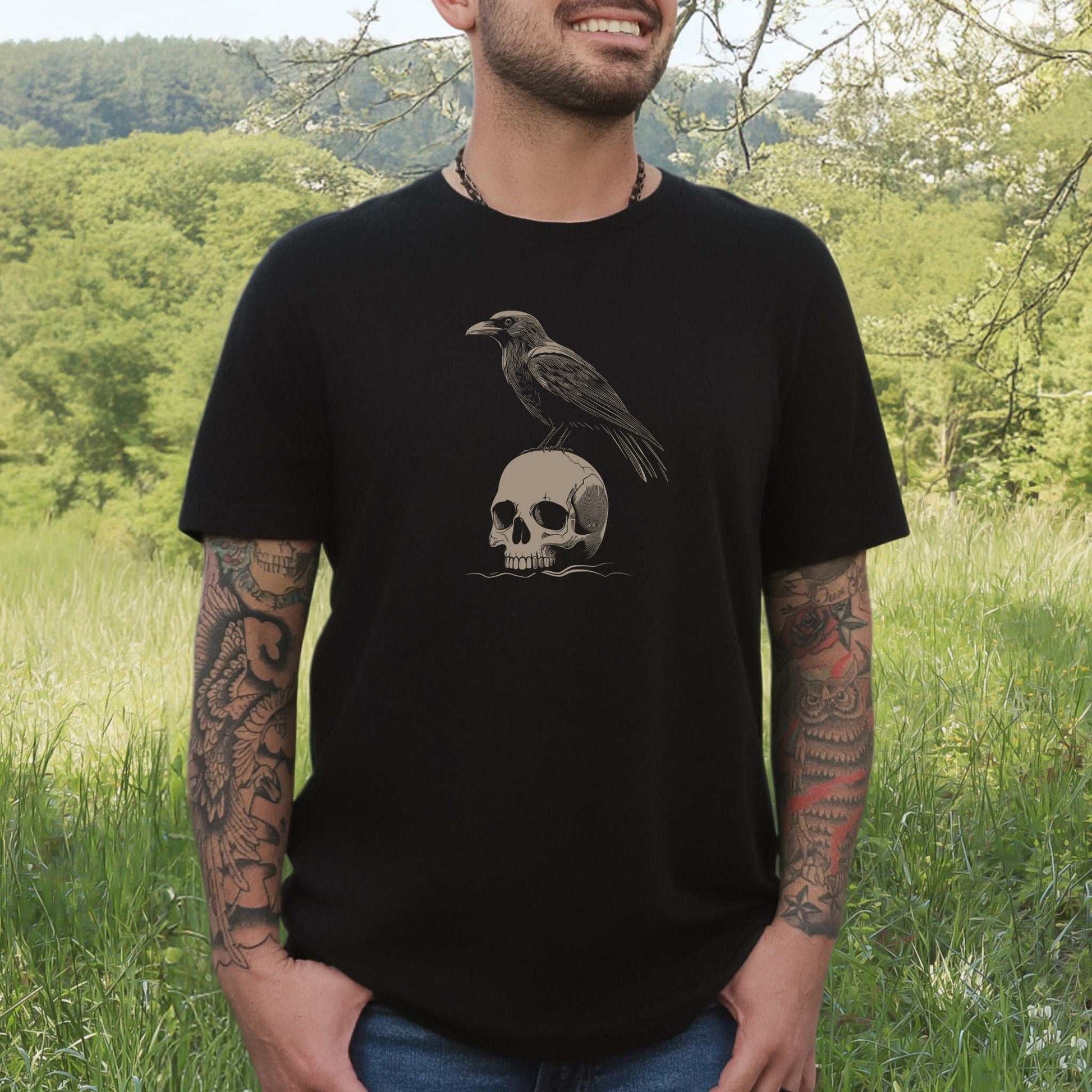 Raven on Skull T-Shirt – Bold and Realistic Gothic Design