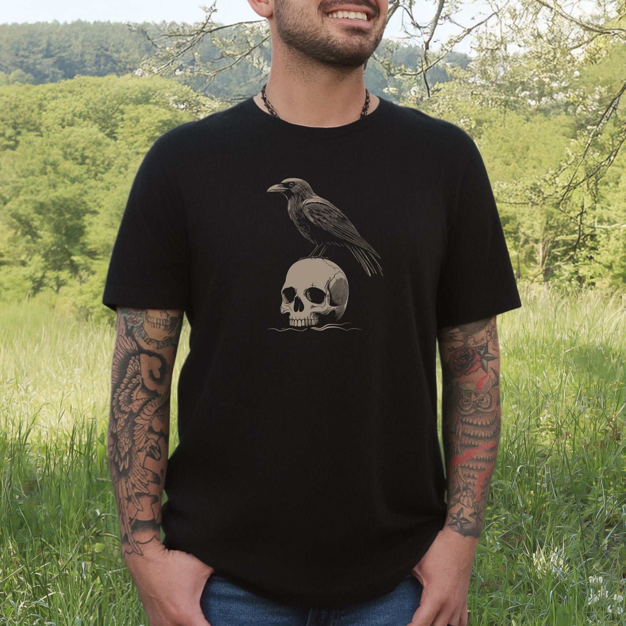 Raven on Skull T-Shirt – Bold and Realistic Gothic Design