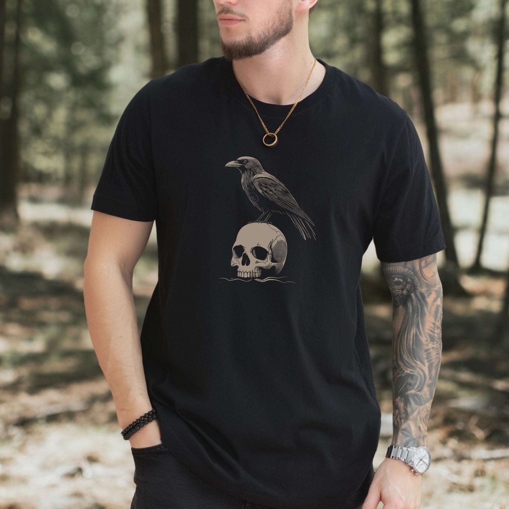 Raven on Skull T-Shirt – Bold and Realistic Gothic Design