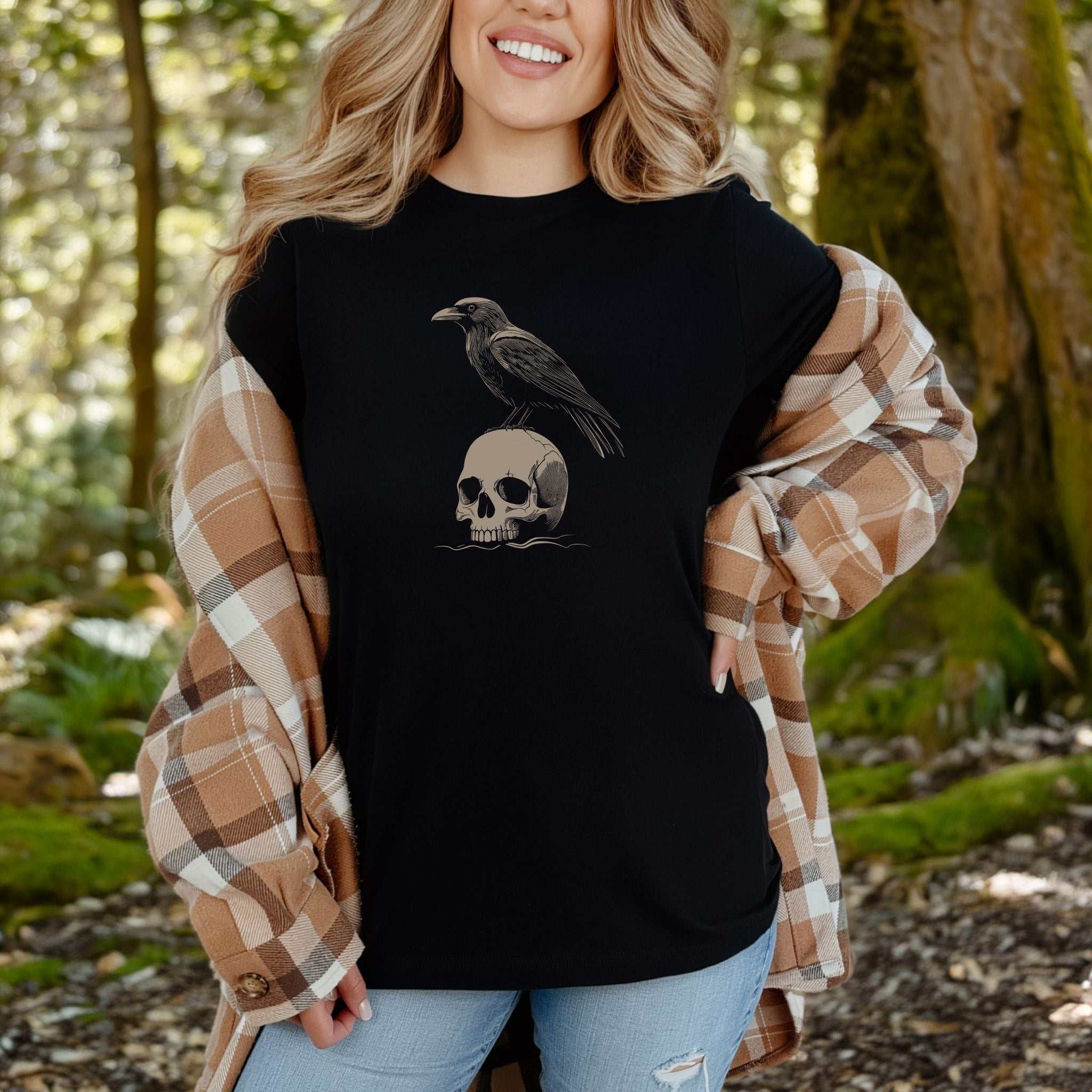 Raven on Skull T-Shirt – Bold and Realistic Gothic Design